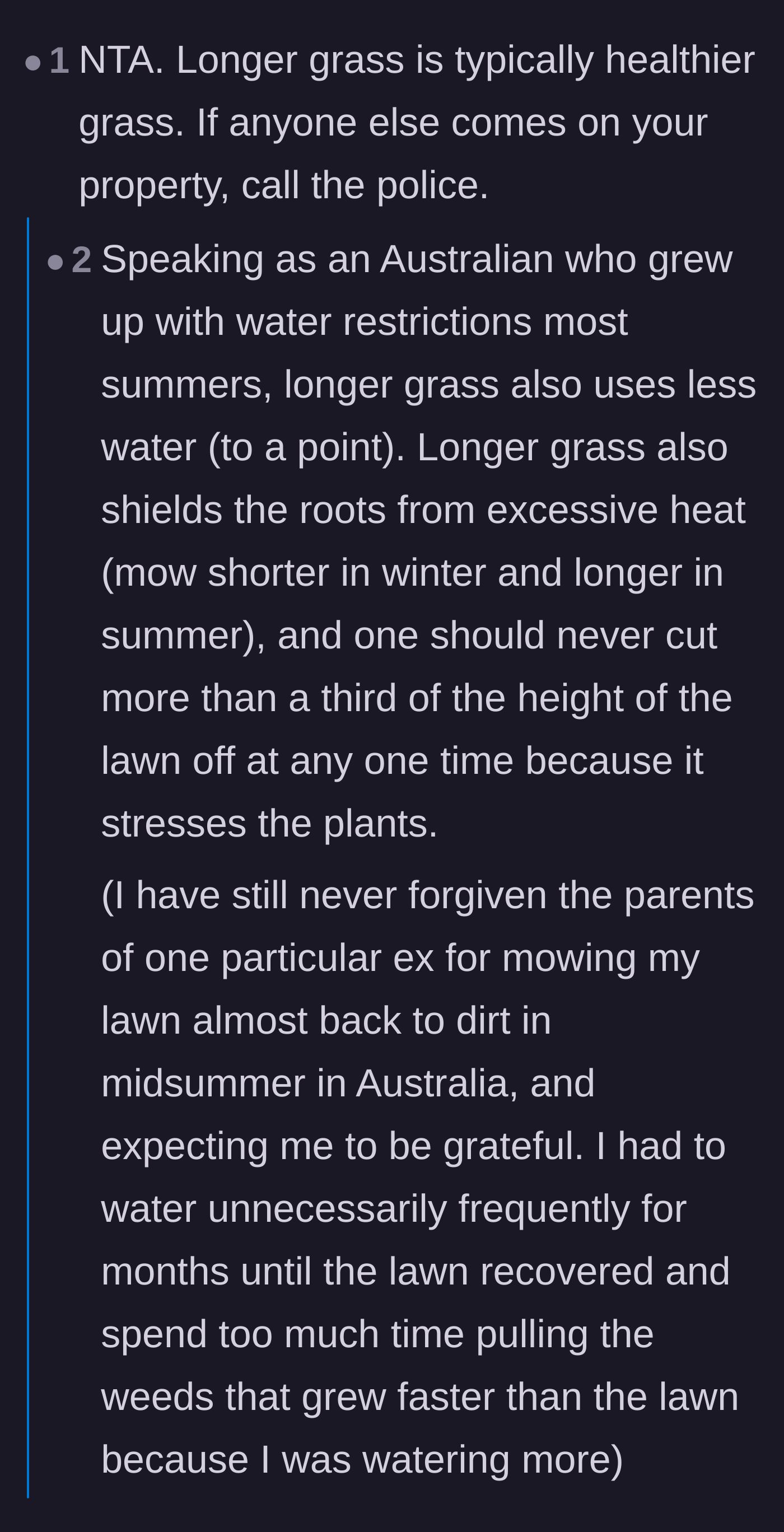 Comment thread 6 - Commiseration from an Australian commenter about the ecological damage of mowing grass too short in the heat.