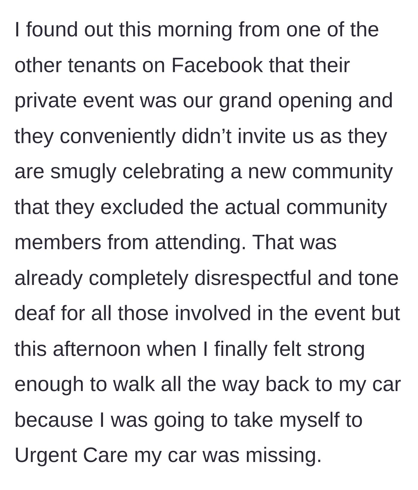 Story part 2 - The tenant discovers the VIP event is their own community's grand opening, just before realizing their car is missing during a medical emergency.