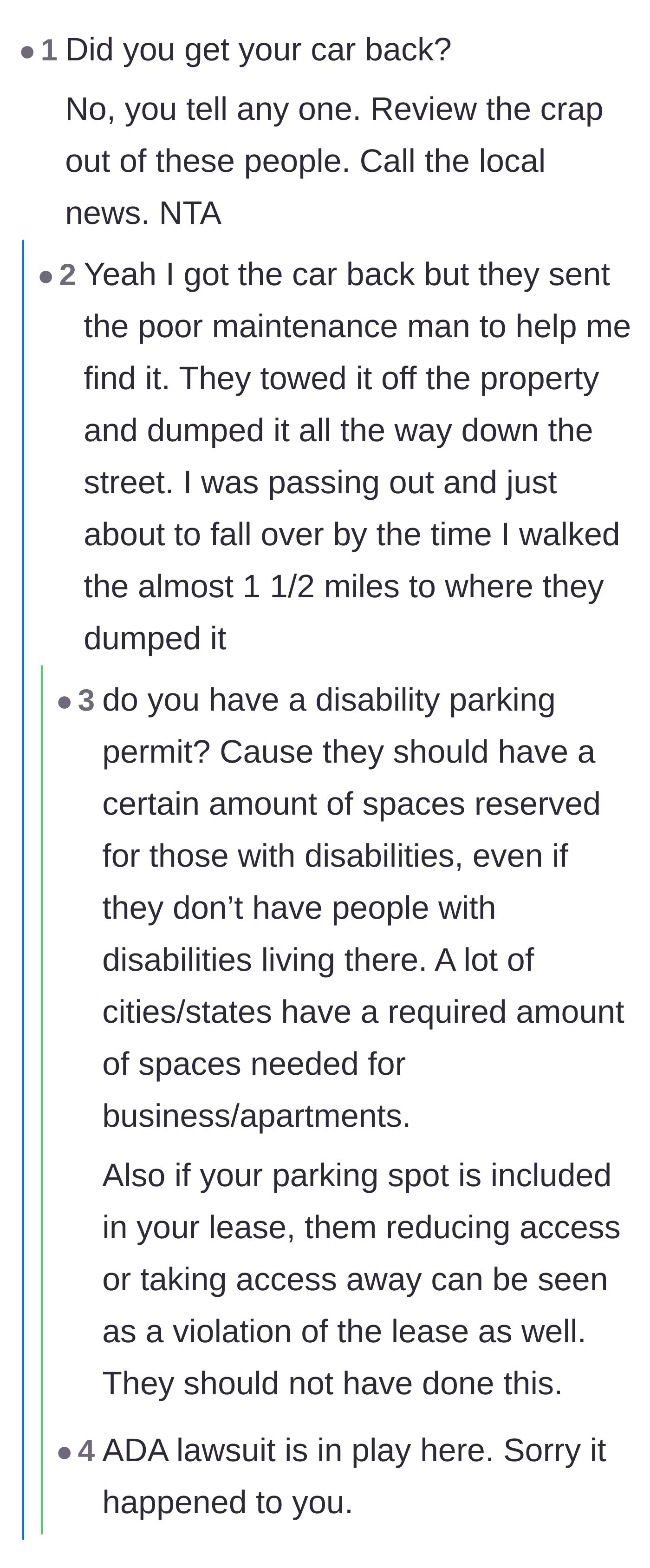Comment thread 1 - A discussion about ADA laws, lease violations, and the sheer cruelty of forcing a disabled tenant to walk 1.5 miles to retrieve their dumped car.