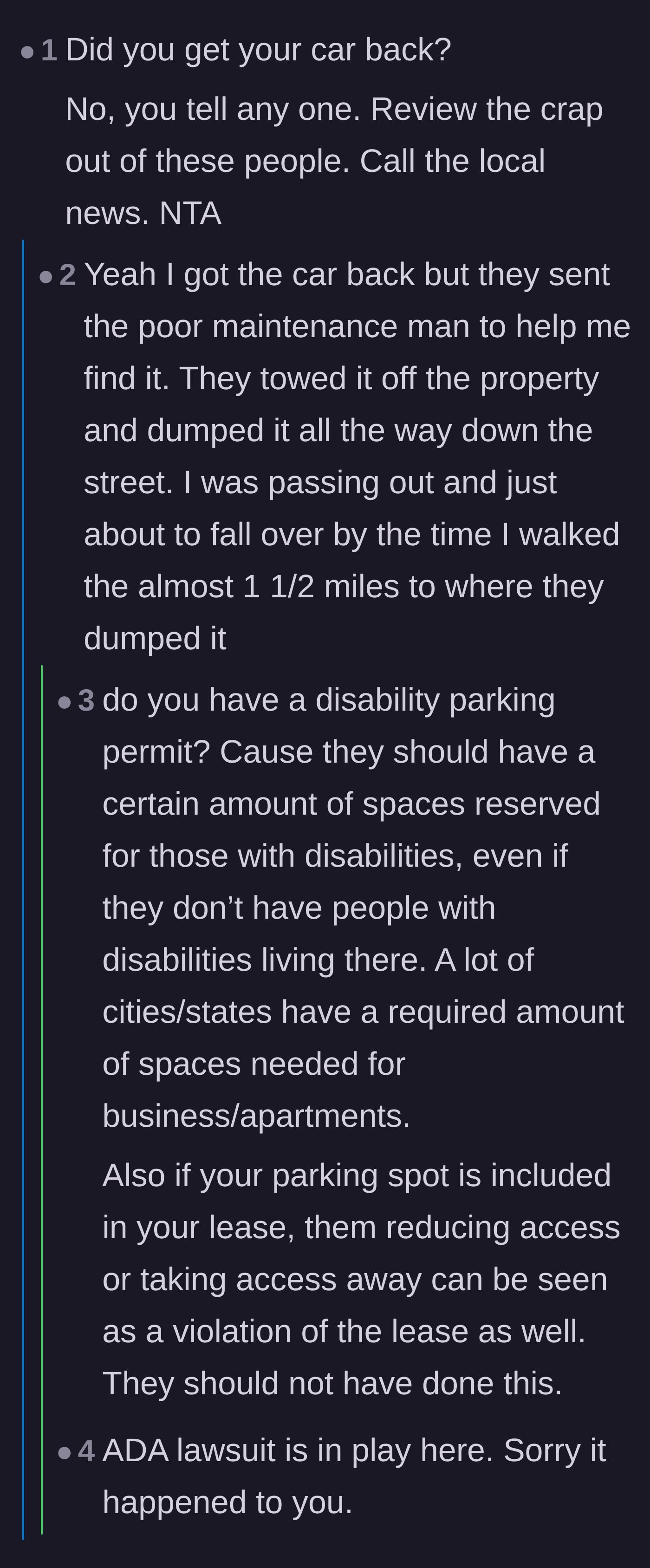 Comment thread 1 - A discussion about ADA laws, lease violations, and the sheer cruelty of forcing a disabled tenant to walk 1.5 miles to retrieve their dumped car.
