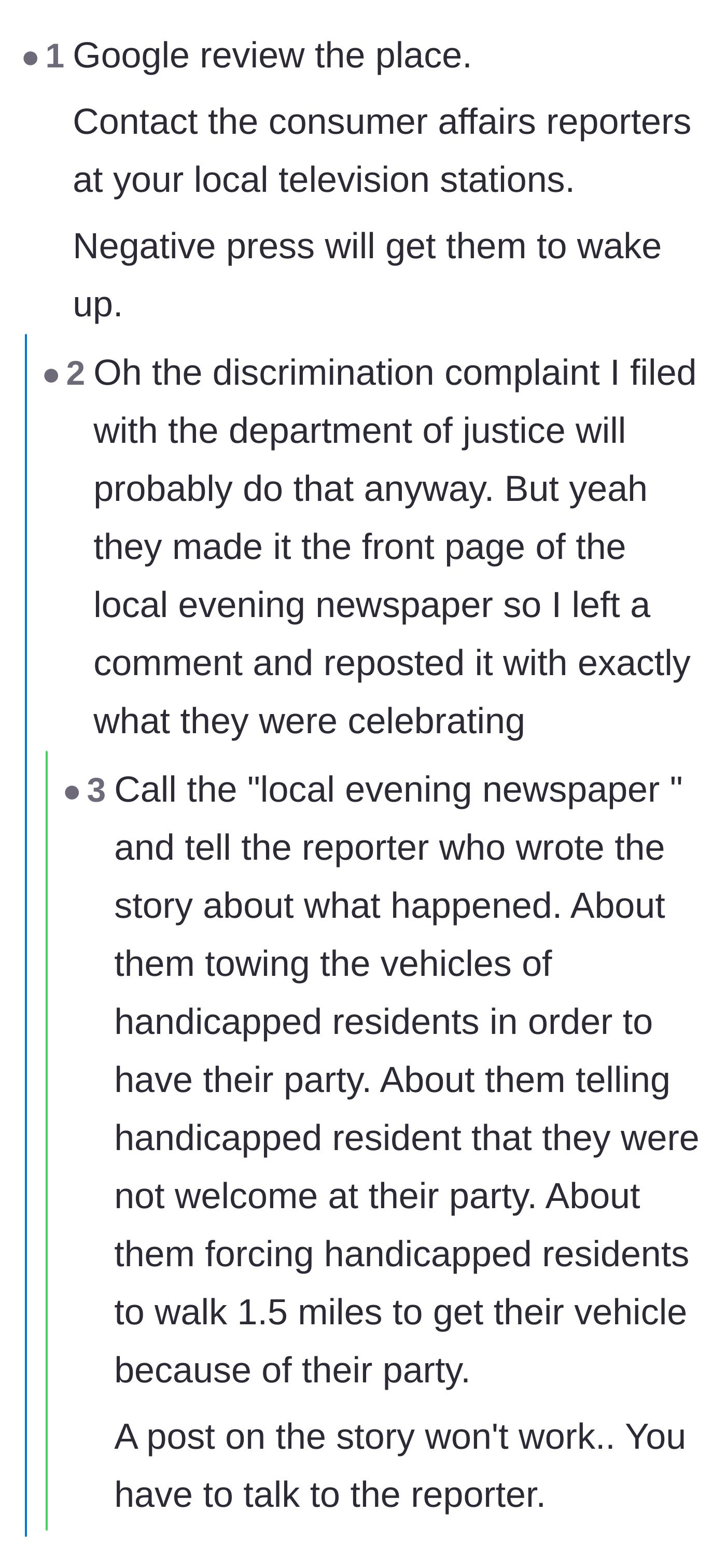 Comment thread 2 - Commenters advise the tenant to bypass the comments section and speak directly to local reporters to ruin the management's PR stunt.