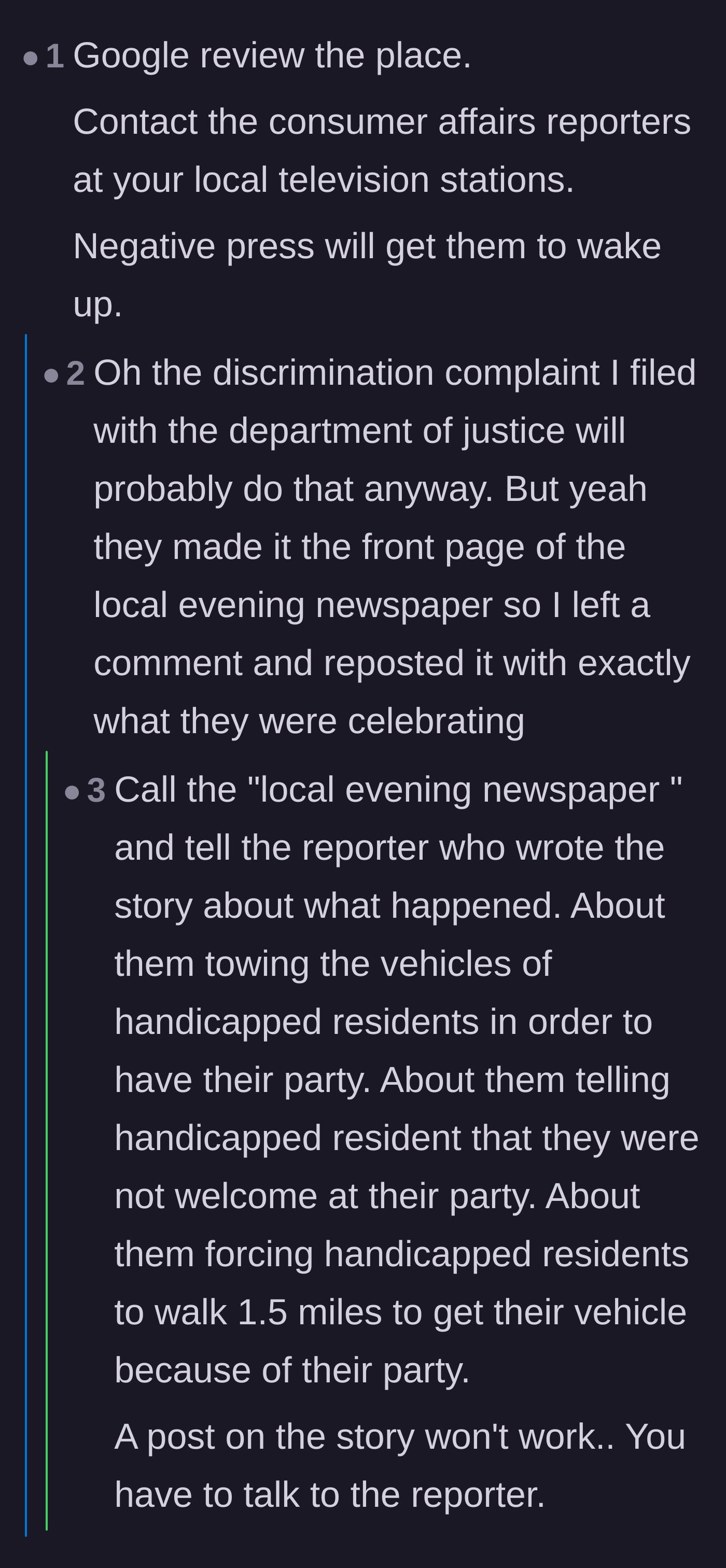 Comment thread 2 - Commenters advise the tenant to bypass the comments section and speak directly to local reporters to ruin the management's PR stunt.