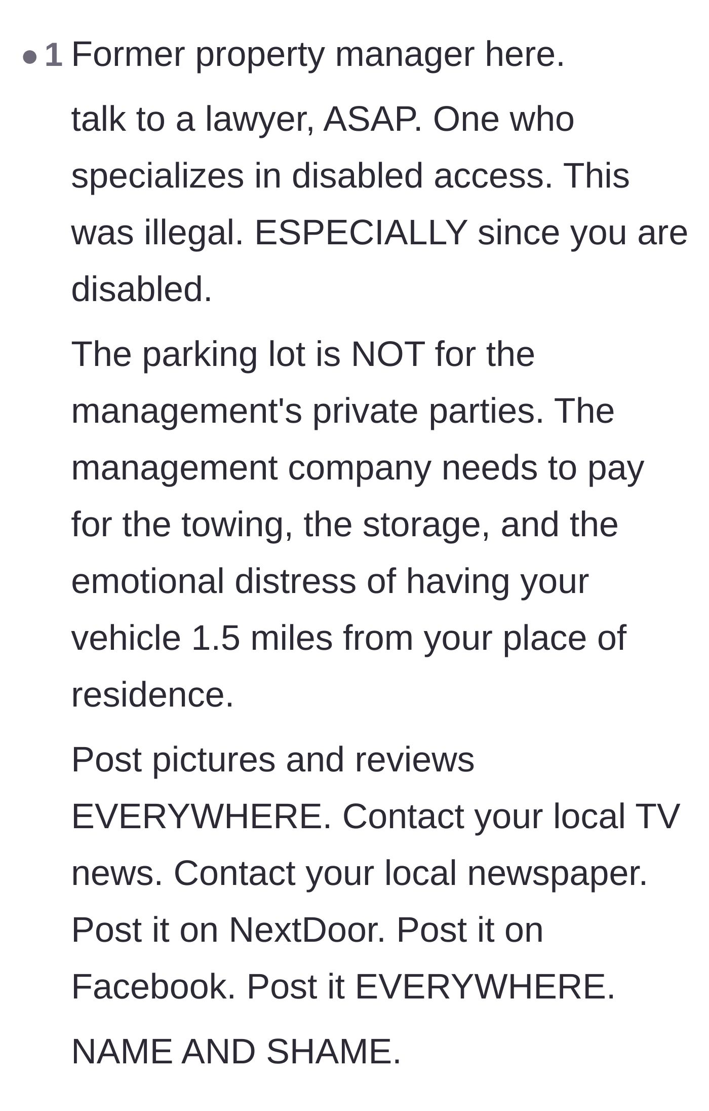 Comment thread 3 - A former property manager strongly advises hiring a disability access lawyer and publicly shaming the management company everywhere.