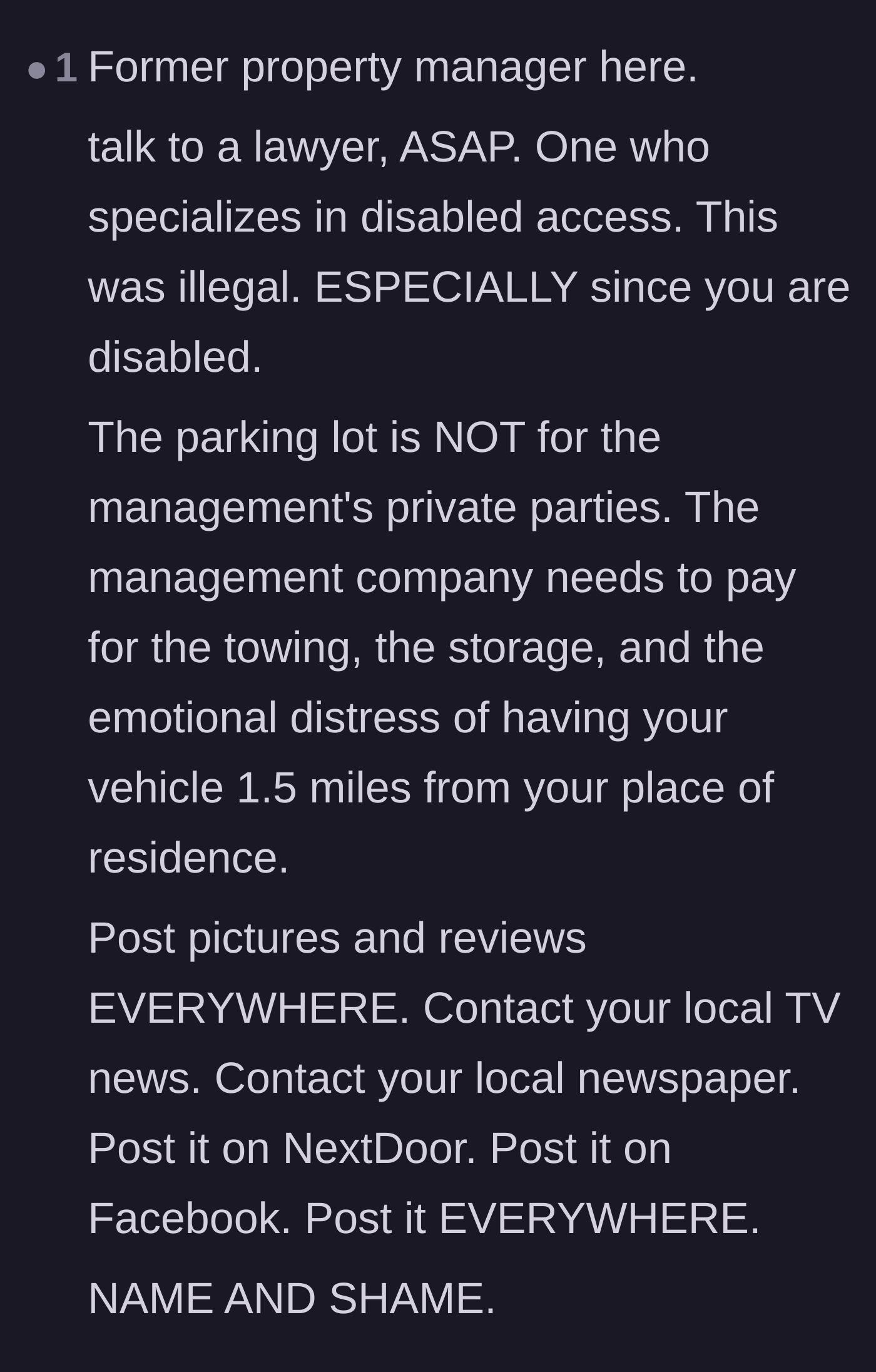 Comment thread 3 - A former property manager strongly advises hiring a disability access lawyer and publicly shaming the management company everywhere.