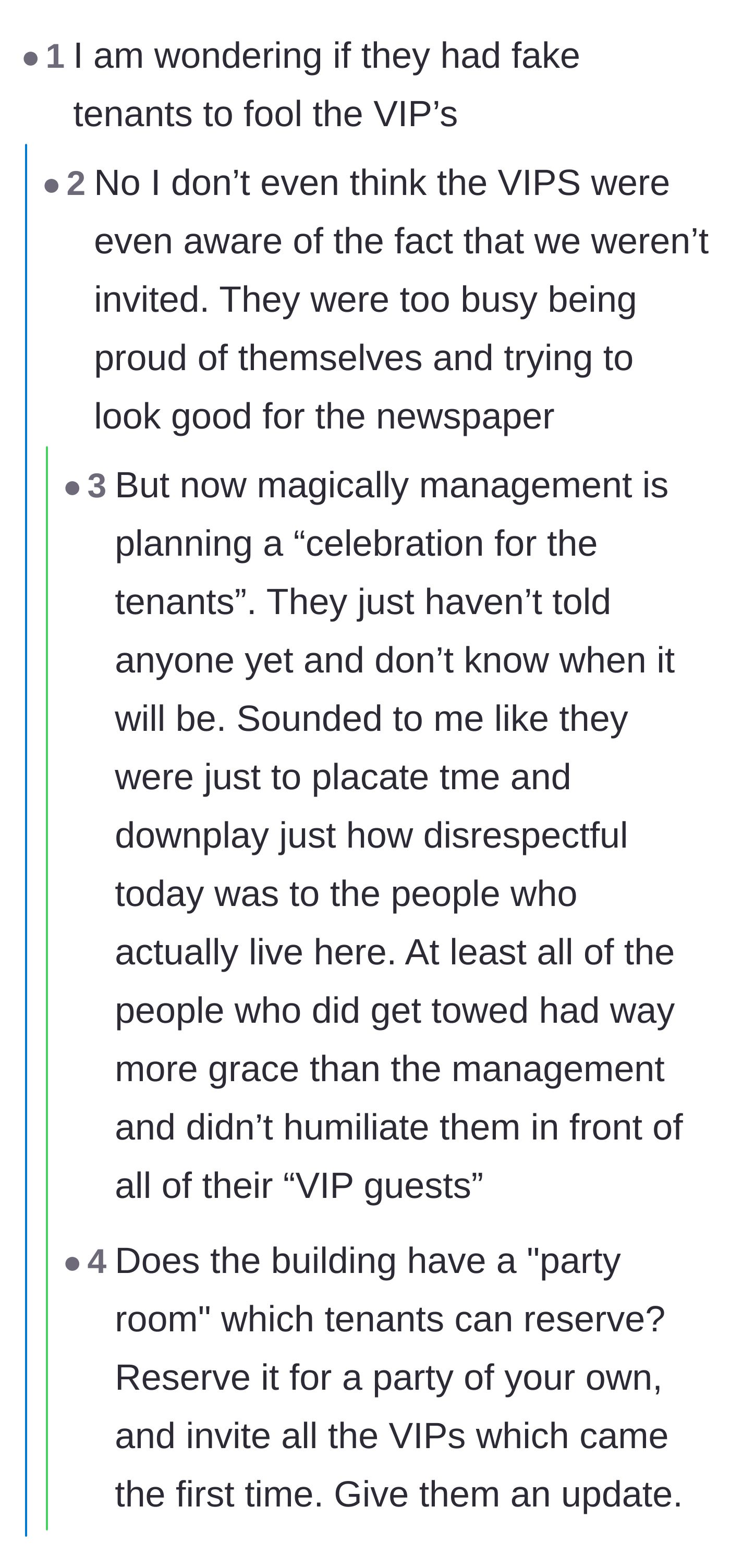Comment thread 4 - A discussion about management frantically trying to plan a make-up party for tenants and allegedly subletting the community's shared amenities.