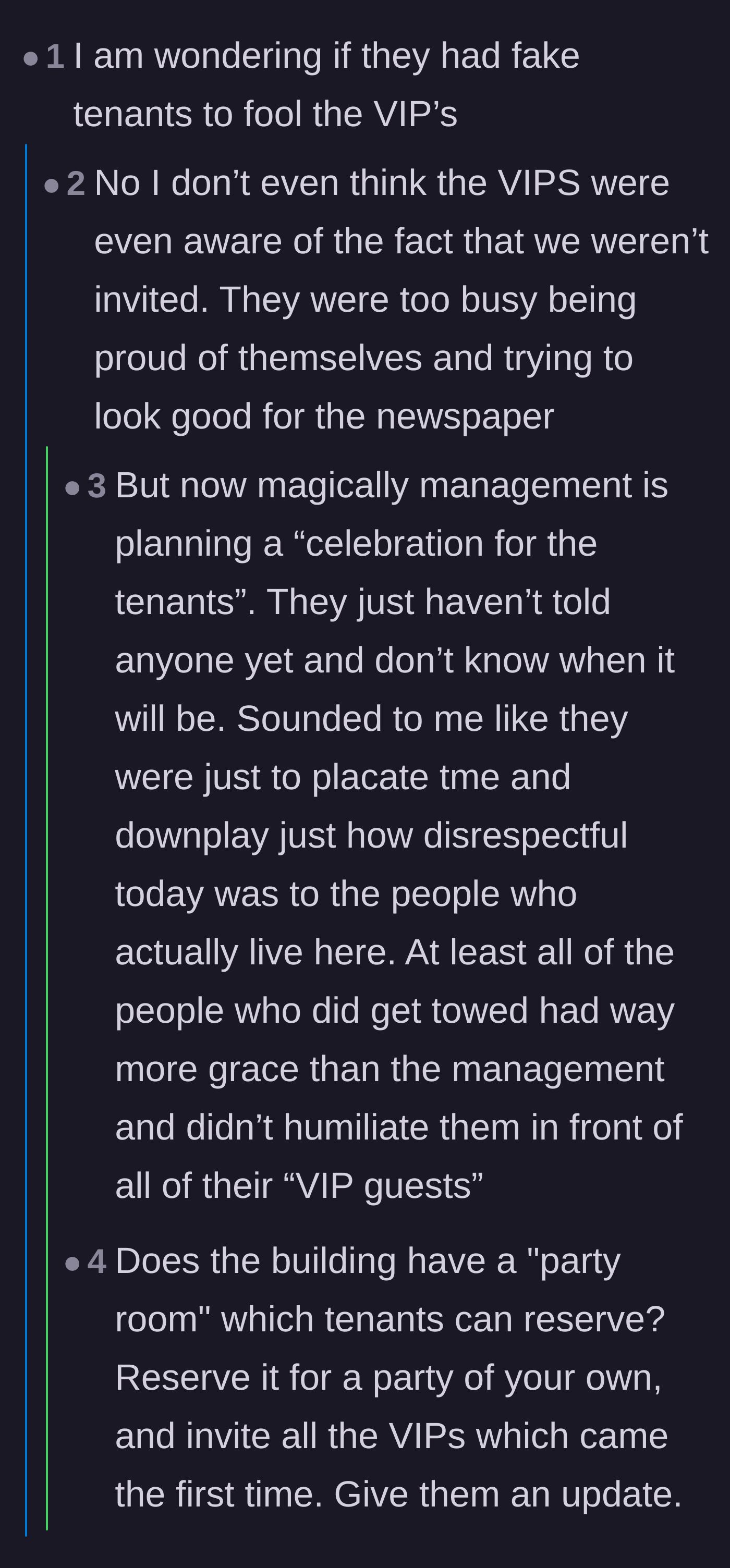 Comment thread 4 - A discussion about management frantically trying to plan a make-up party for tenants and allegedly subletting the community's shared amenities.