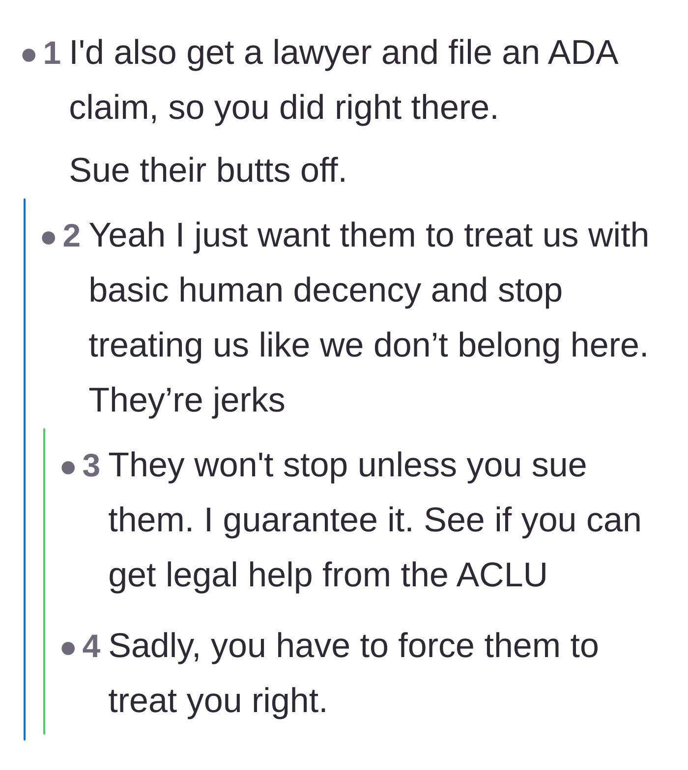 Comment thread 5 - A thread where the tenant expresses a desire for basic human decency, while commenters warn that a lawsuit is the only way to force change.