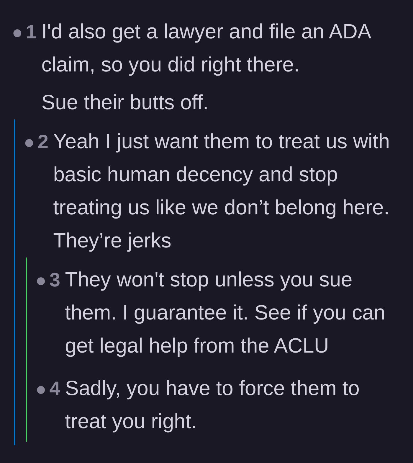 Comment thread 5 - A thread where the tenant expresses a desire for basic human decency, while commenters warn that a lawsuit is the only way to force change.