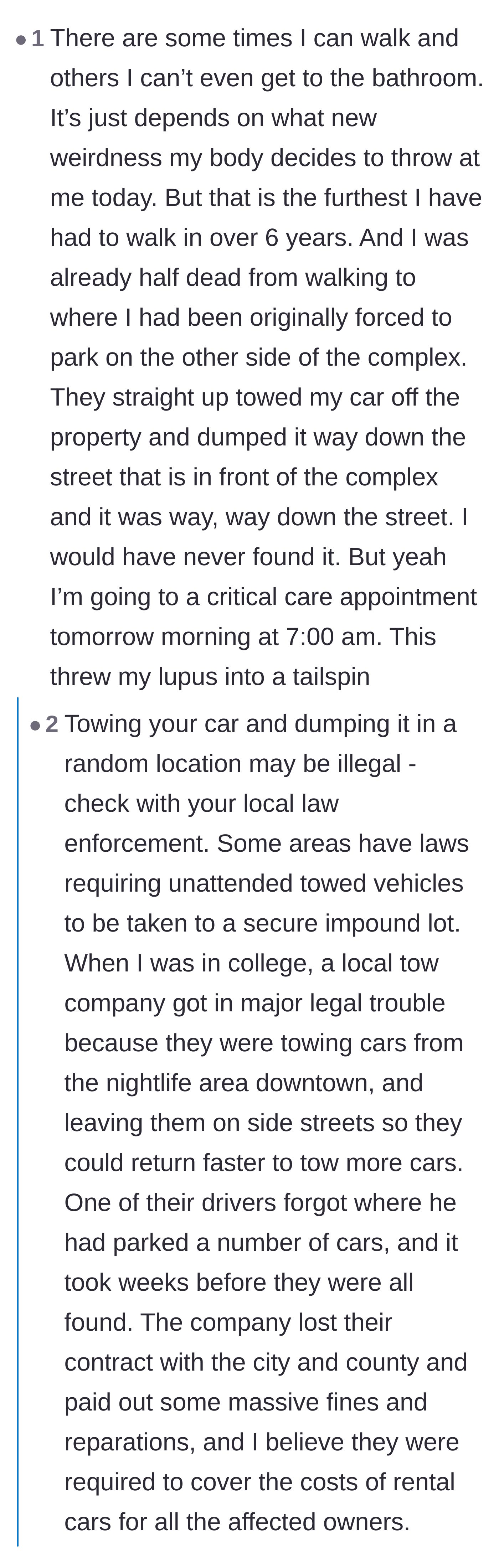 Comment thread 6 - The tenant reveals the grueling walk triggered a severe lupus flare-up, and commenters point out that randomly dumping towed cars is highly illegal.