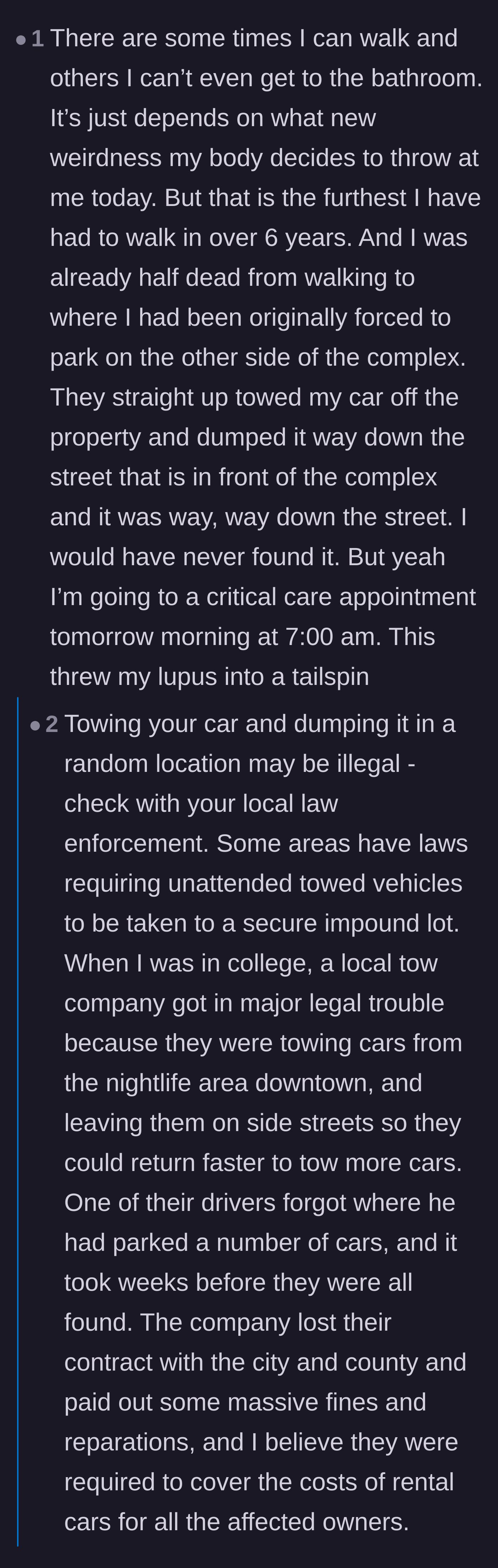 Comment thread 6 - The tenant reveals the grueling walk triggered a severe lupus flare-up, and commenters point out that randomly dumping towed cars is highly illegal.