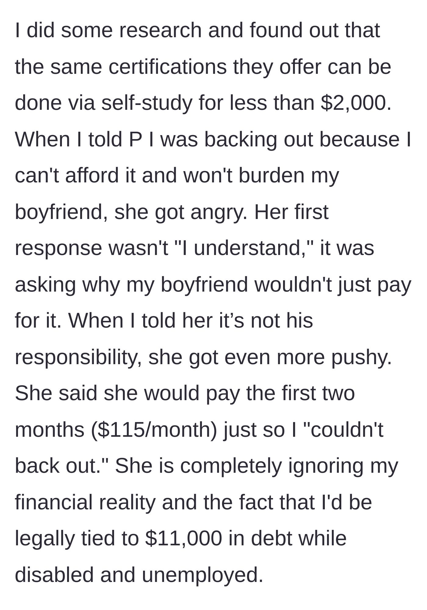 Story part 3 - The woman discovers a cheaper alternative and backs out, prompting her friend to demand the boyfriend pay or offer a manipulative bribe to trap her.