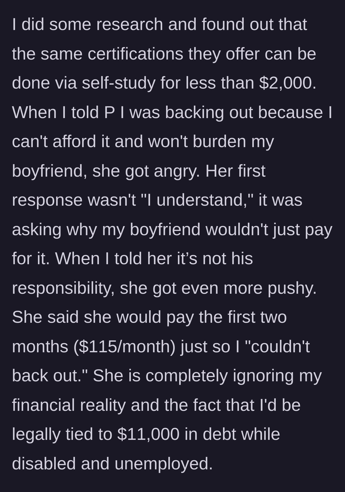 Story part 3 - The woman discovers a cheaper alternative and backs out, prompting her friend to demand the boyfriend pay or offer a manipulative bribe to trap her.