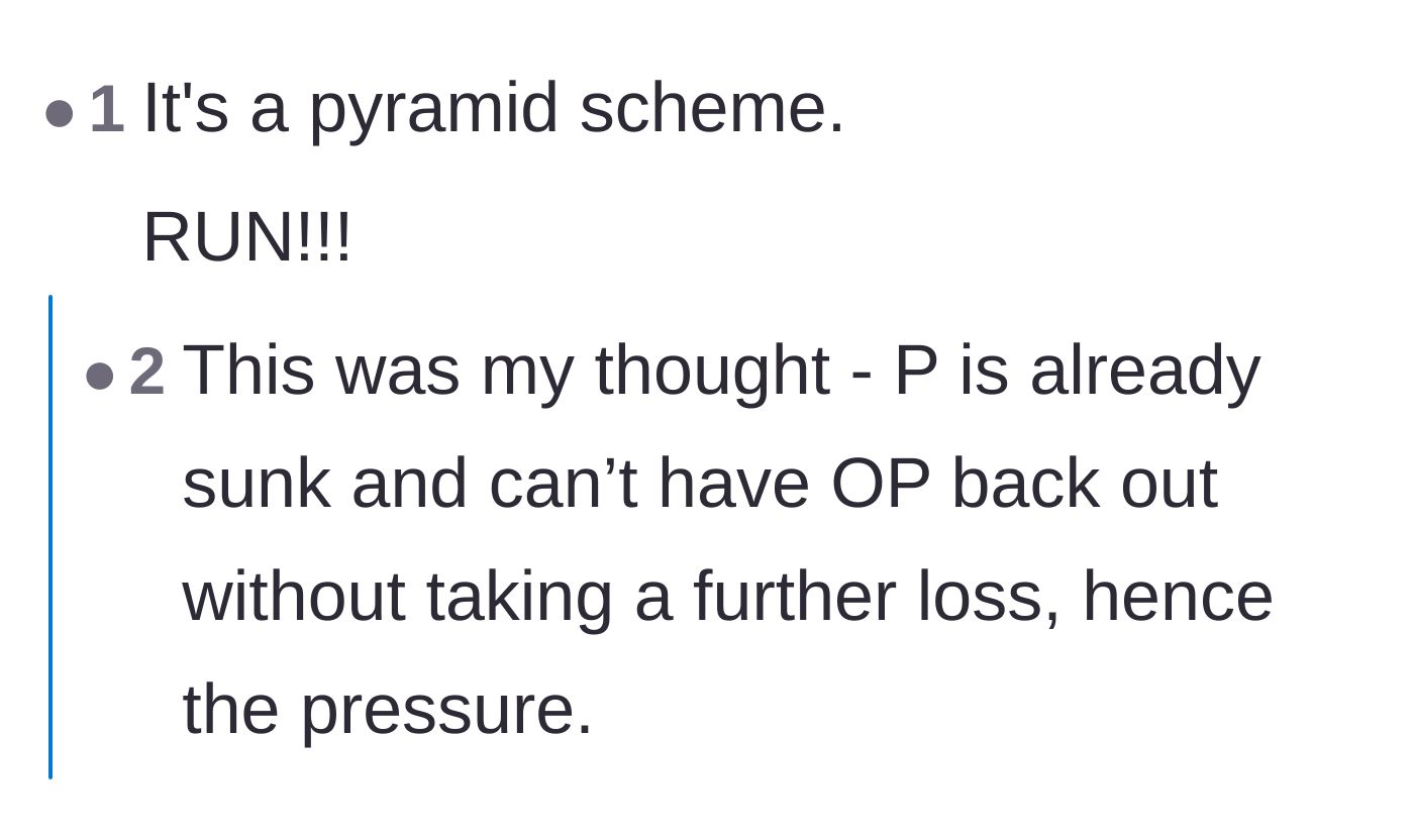 Comment thread 4 - Commenters identifying the program as a pyramid scheme and urging the narrator to run.
