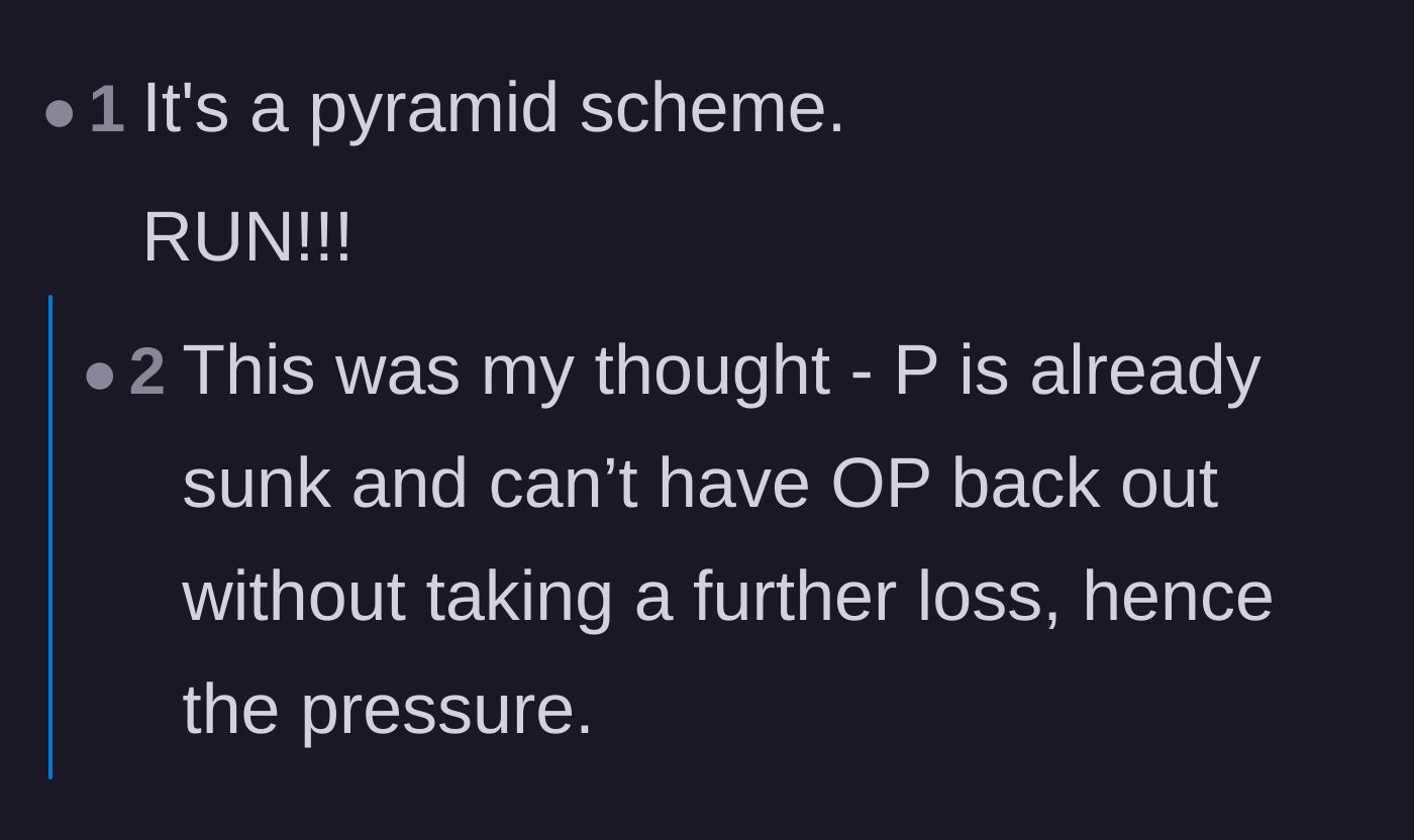 Comment thread 4 - Commenters identifying the program as a pyramid scheme and urging the narrator to run.