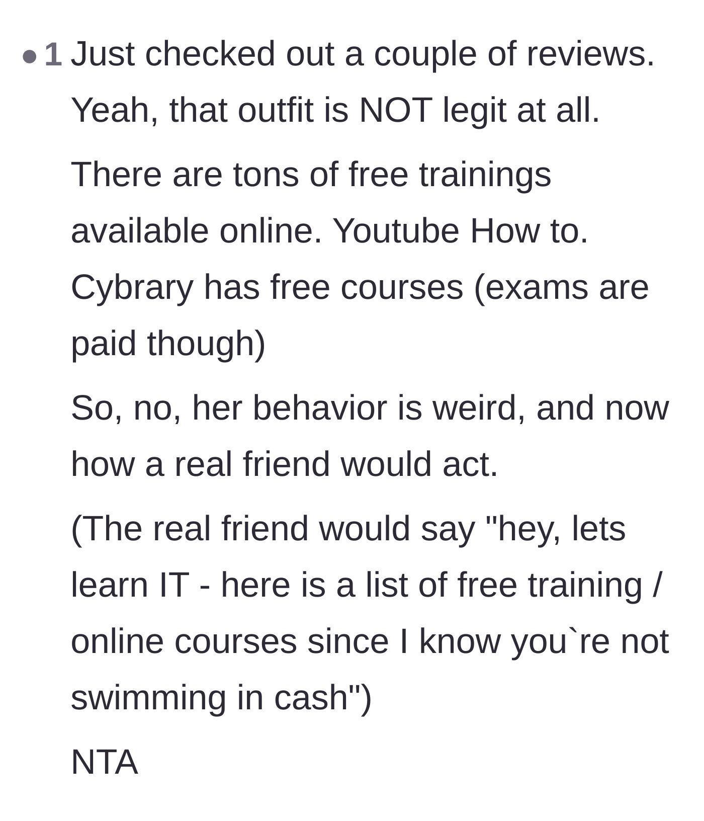 Comment thread 5 - A user providing reviews of the scam company alongside a list of legitimate, free IT training resources.