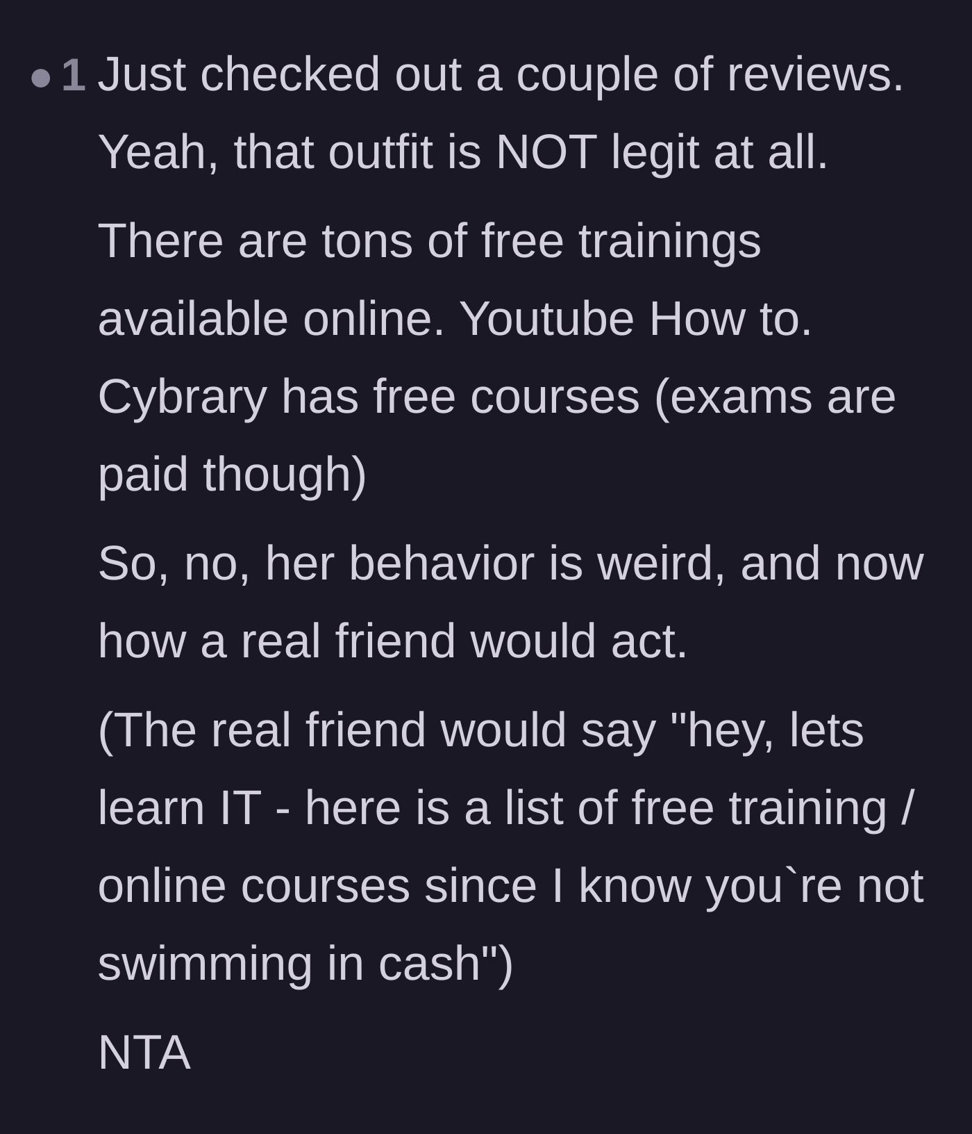 Comment thread 5 - A user providing reviews of the scam company alongside a list of legitimate, free IT training resources.