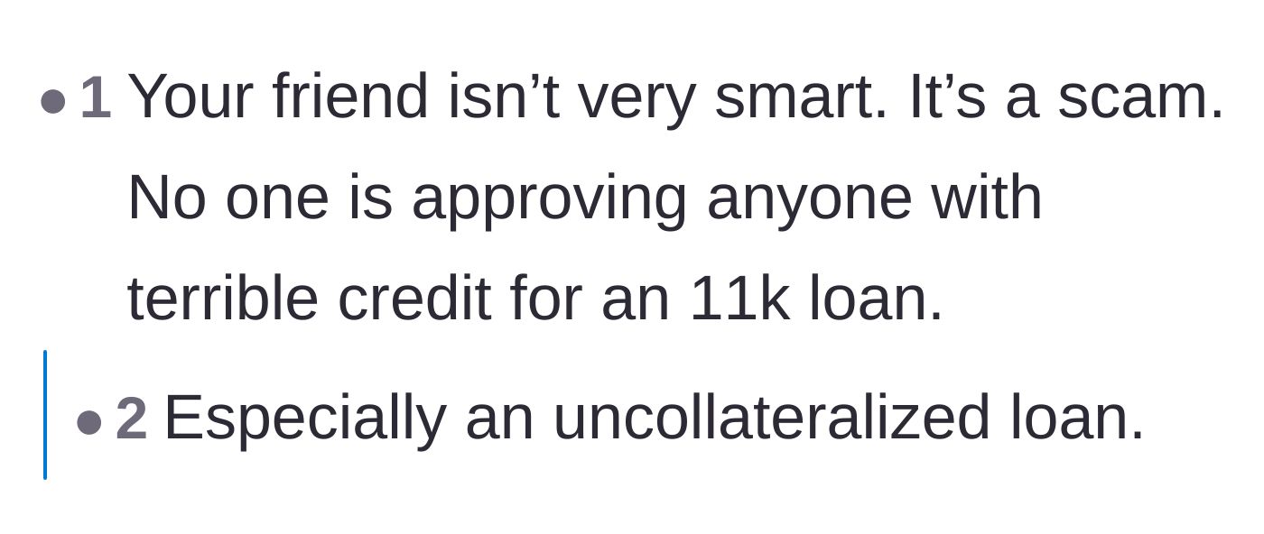 Comment thread 6 - Readers questioning the legitimacy of an $11,000 uncollateralized loan being approved for someone with bad credit.