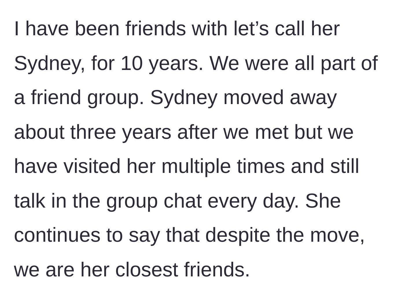 Story part 1 - A text chain showing daily messages in a long-distance friend group.
