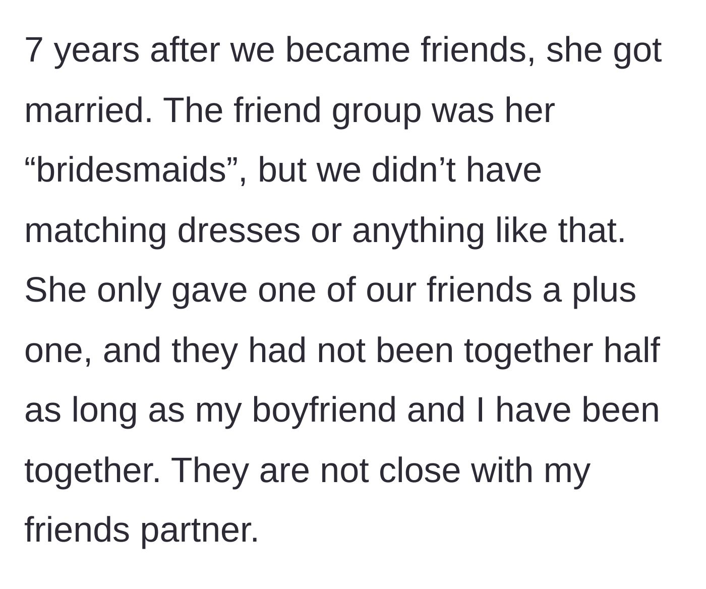 Story part 2 - A mismatched group of bridesmaids looking confused at a wedding reception.