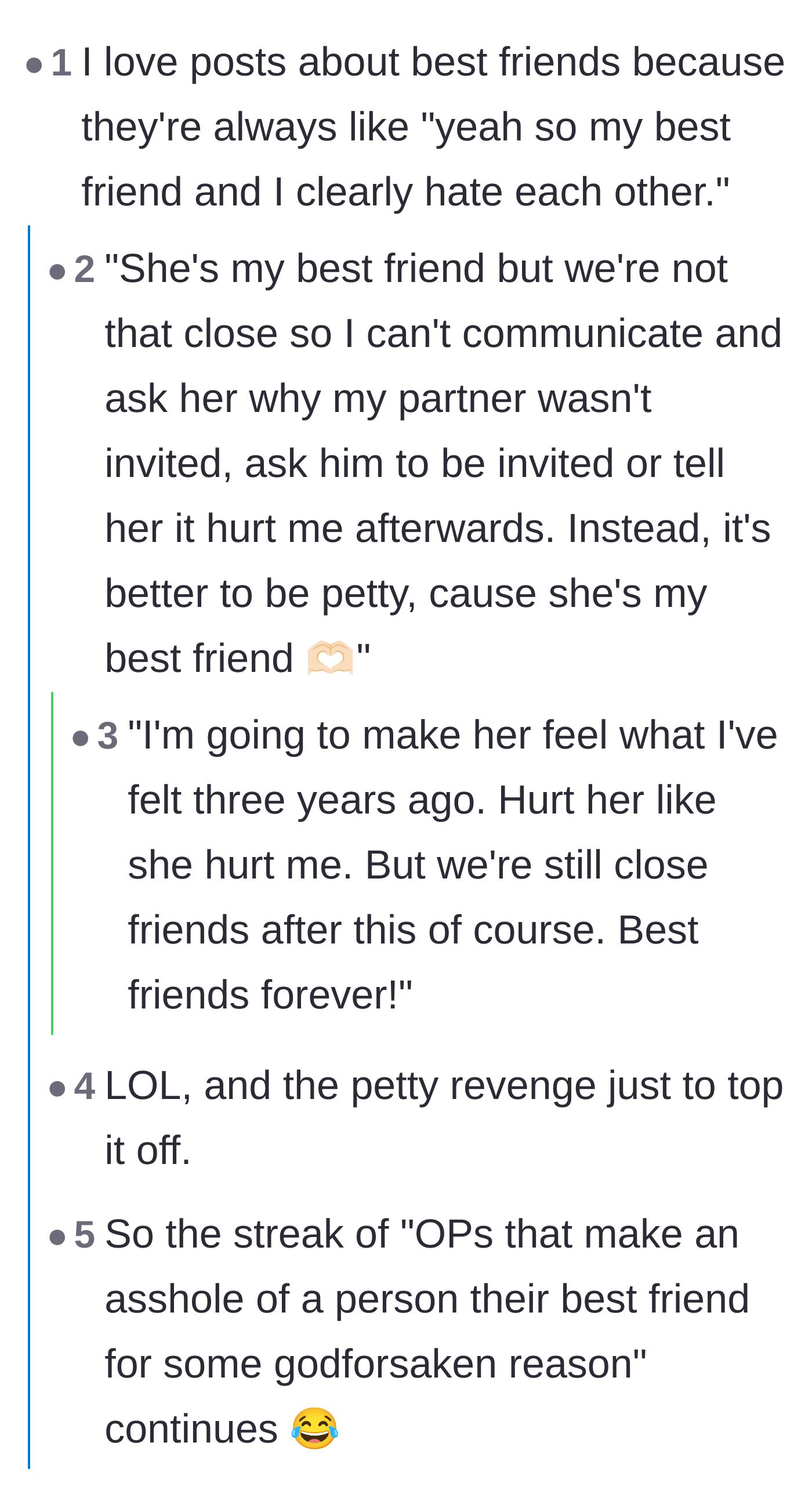 Comment thread 1 - Readers criticizing the lack of basic communication between alleged best friends and the choice to hold a three-year grudge.