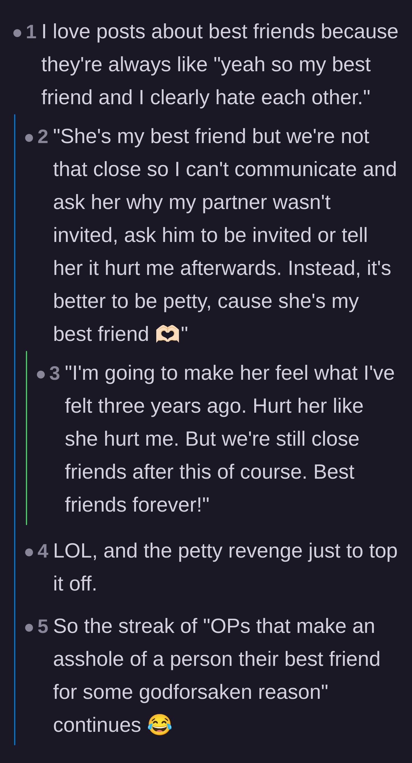 Comment thread 1 - Readers criticizing the lack of basic communication between alleged best friends and the choice to hold a three-year grudge.