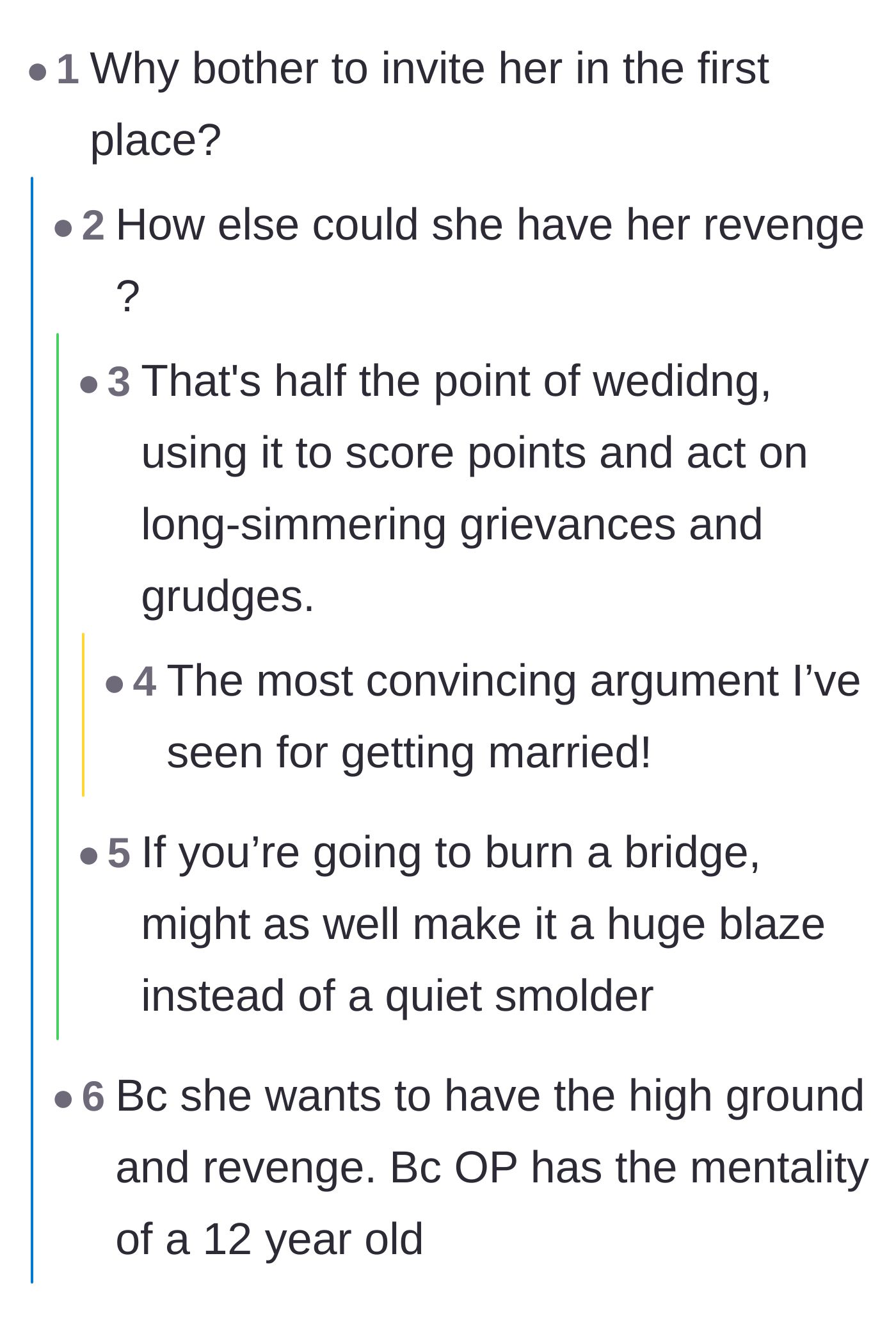 Comment thread 3 - Cynical jokes about using weddings primarily as a weapon to settle old social scores.