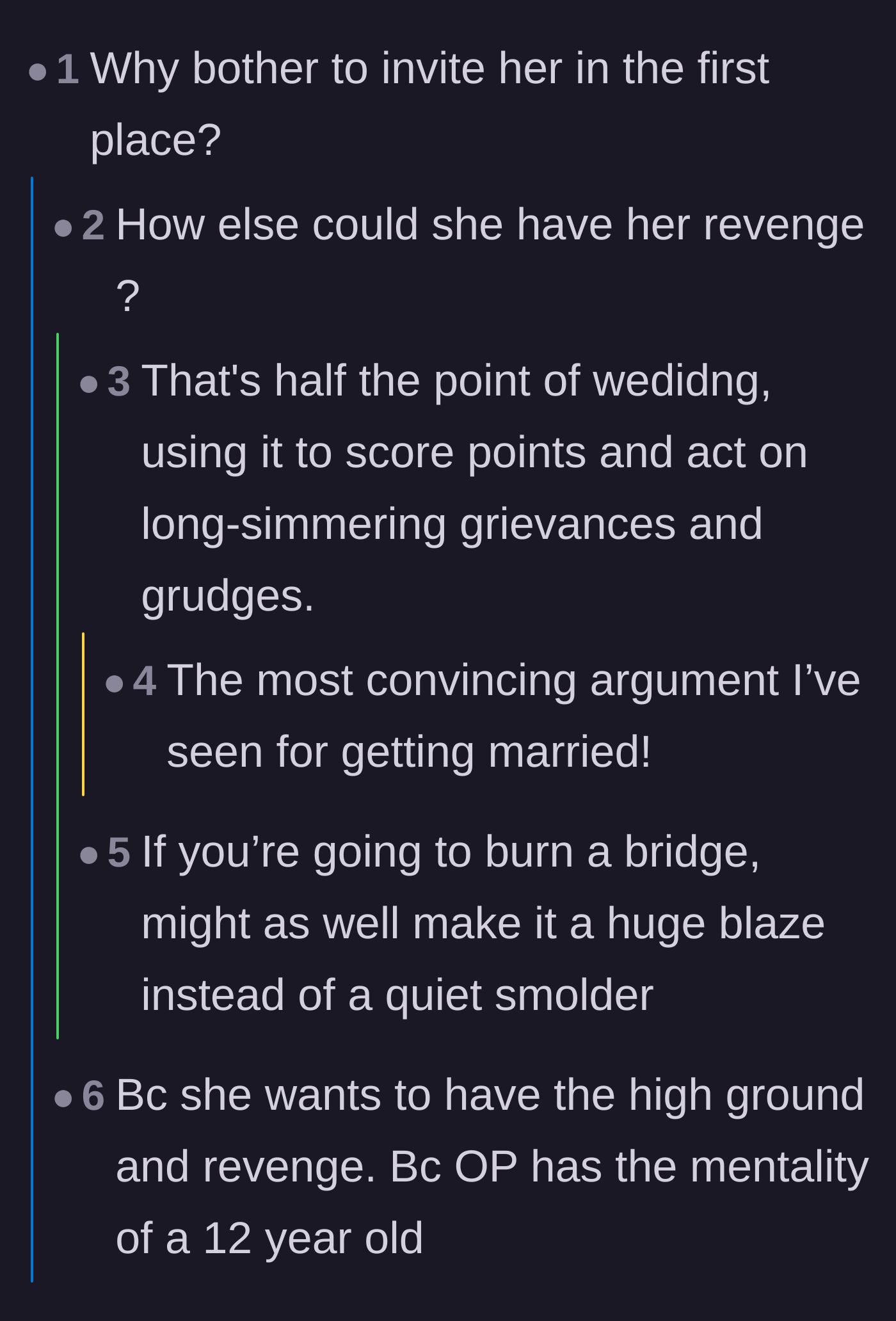 Comment thread 3 - Cynical jokes about using weddings primarily as a weapon to settle old social scores.
