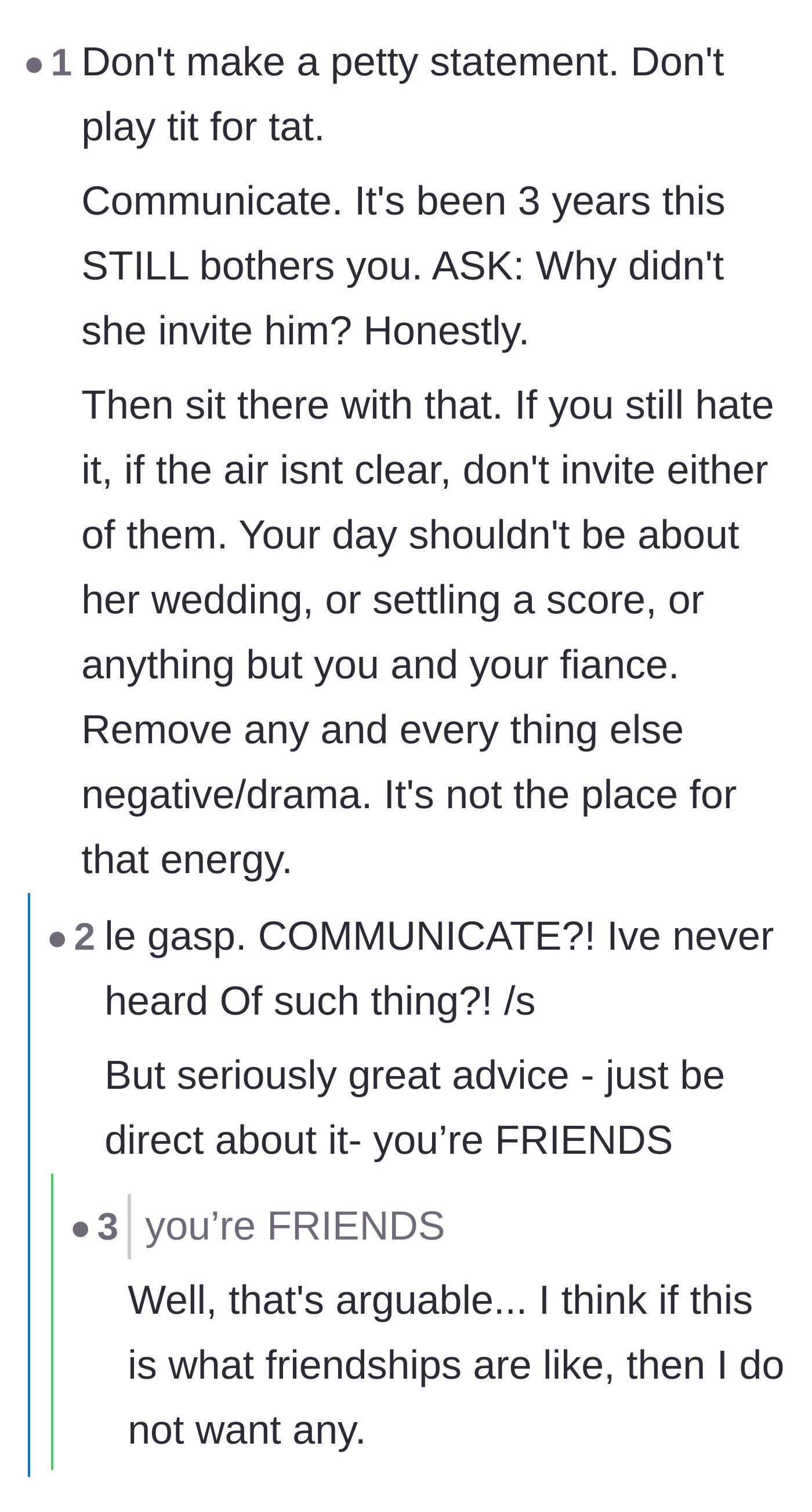 Comment thread 6 - Earnest advice to communicate openly and remove all toxic energy from the wedding planning process.
