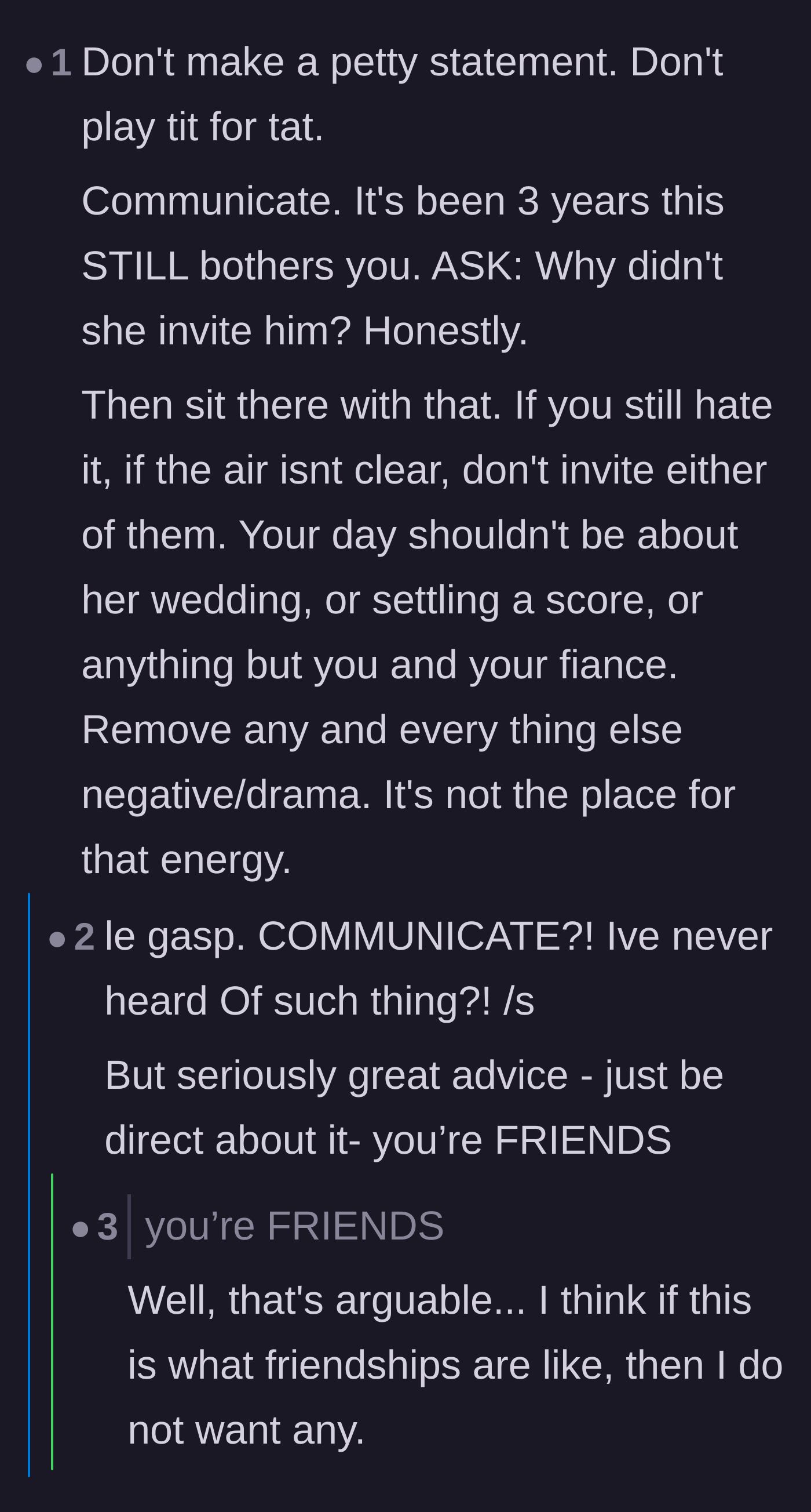 Comment thread 6 - Earnest advice to communicate openly and remove all toxic energy from the wedding planning process.