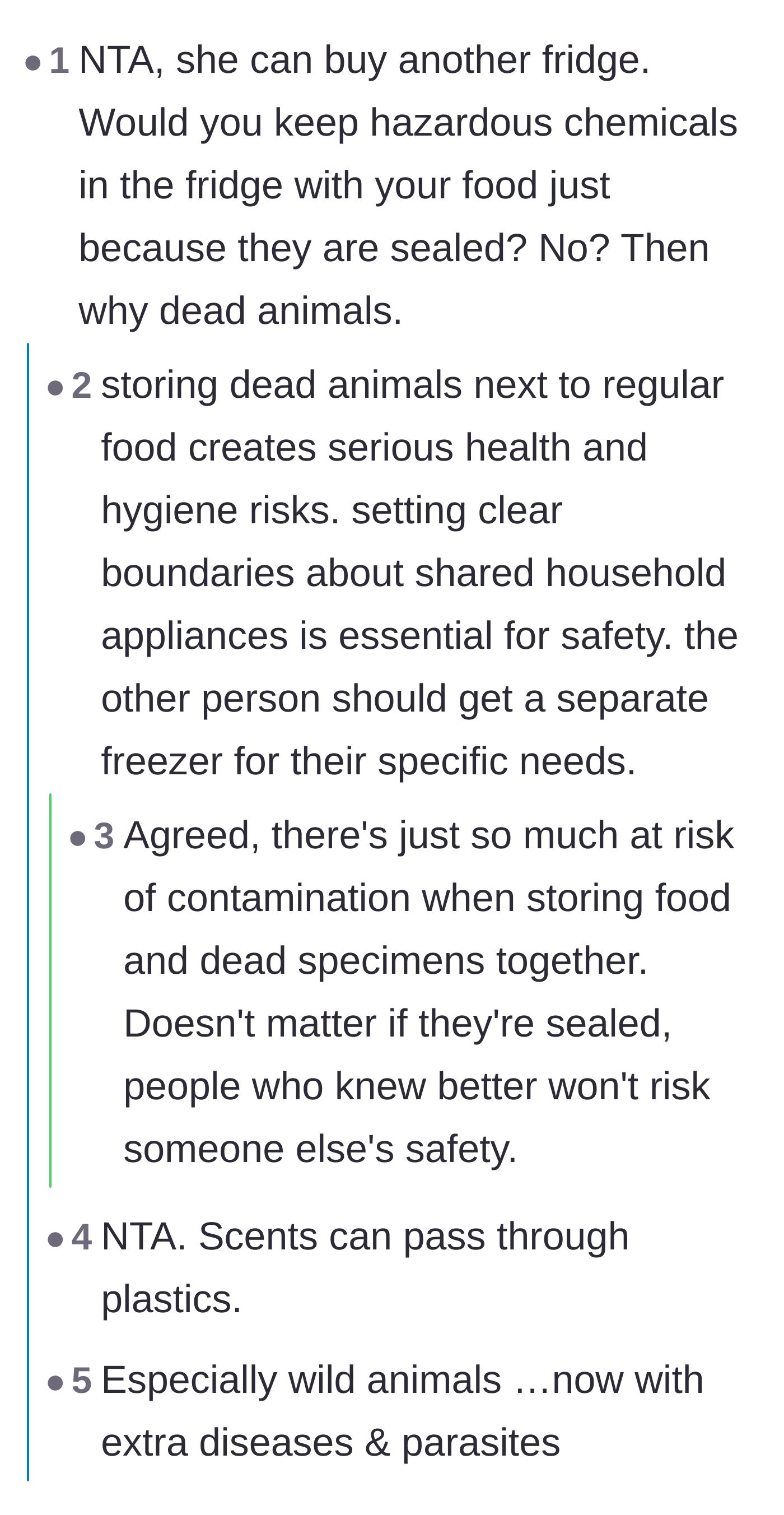 Comment thread 1 - Debate about the severe health risks of storing hazardous materials and dead animals with food.