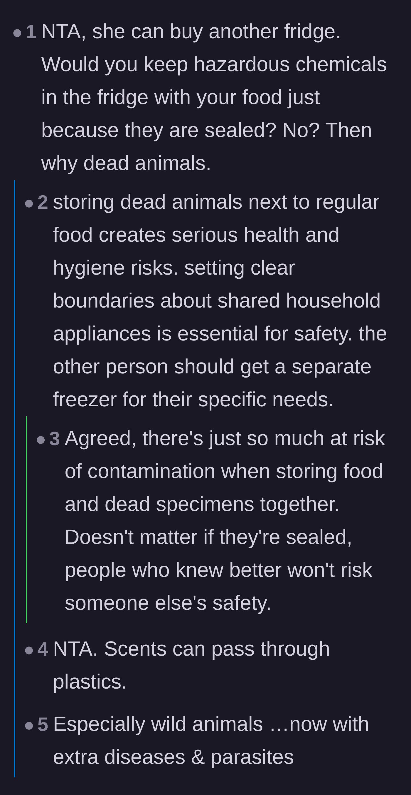 Comment thread 1 - Debate about the severe health risks of storing hazardous materials and dead animals with food.