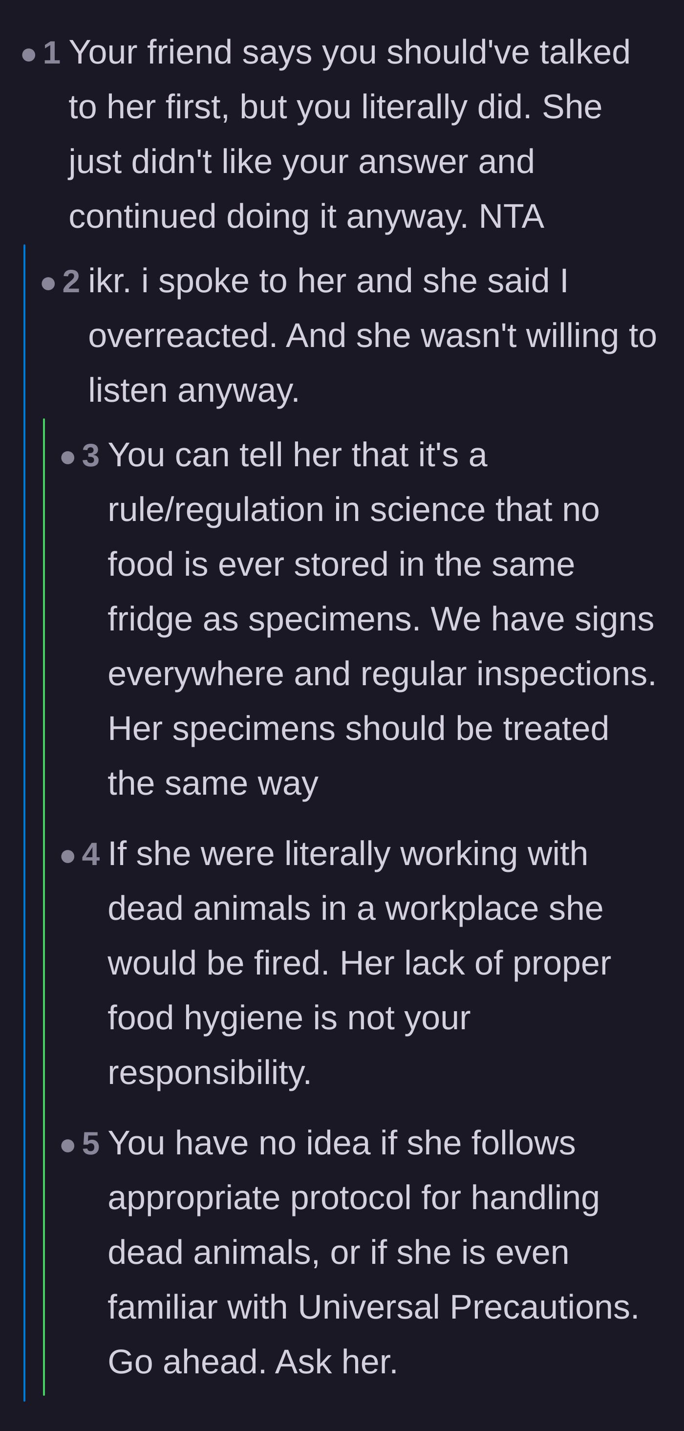 Comment thread 2 - Commenters pointing out that the main character did try talking to her roommate first, and questioning the roommate's professional lab ethics.