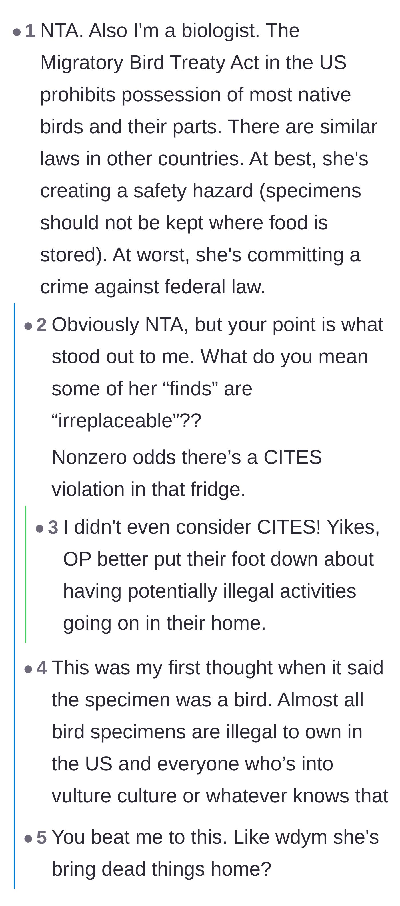 Comment thread 4 - A biologist explaining the Migratory Bird Treaty Act and how owning these specimens might be illegal.
