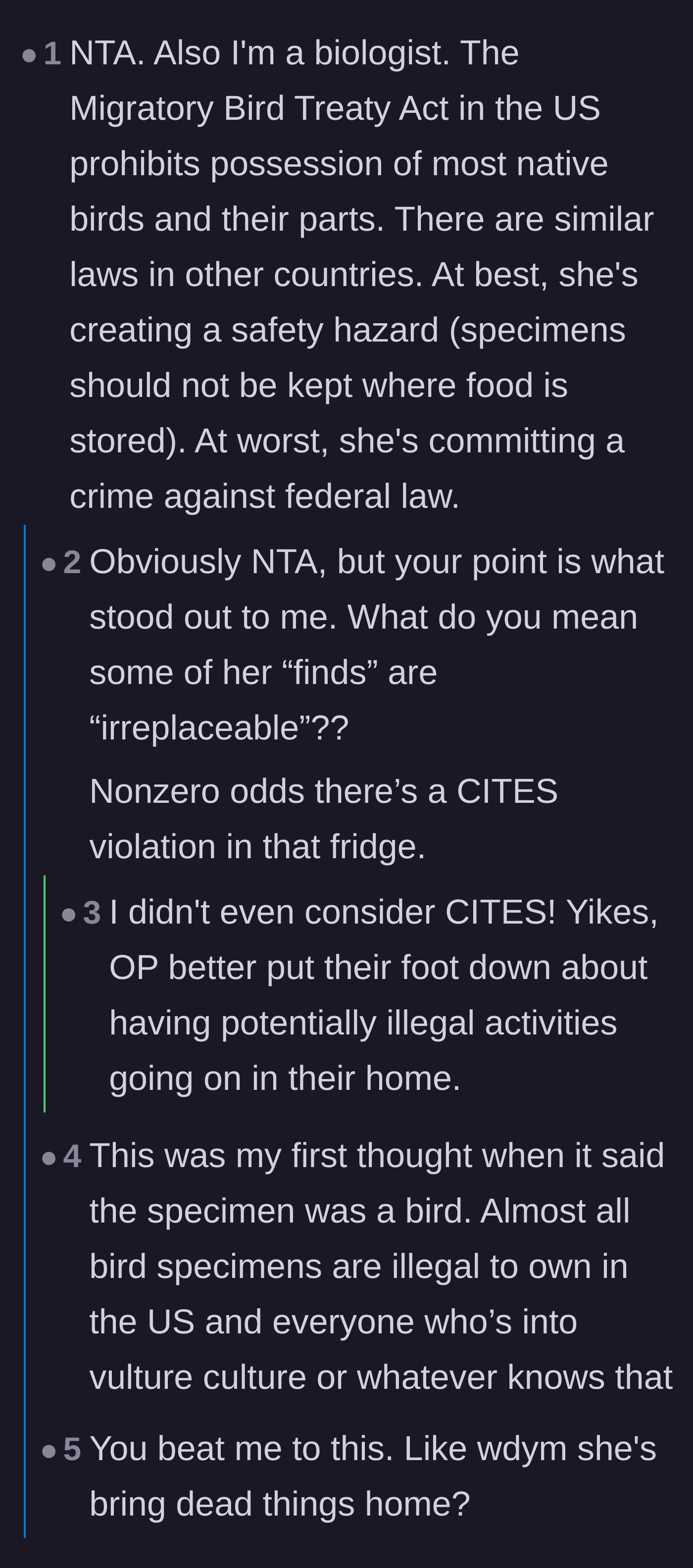 Comment thread 4 - A biologist explaining the Migratory Bird Treaty Act and how owning these specimens might be illegal.
