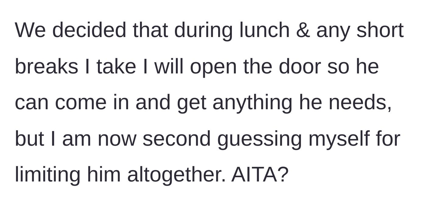 Story part 5 - Couple agrees to keep the bedroom door open only during lunch and breaks, but wife feels guilty.