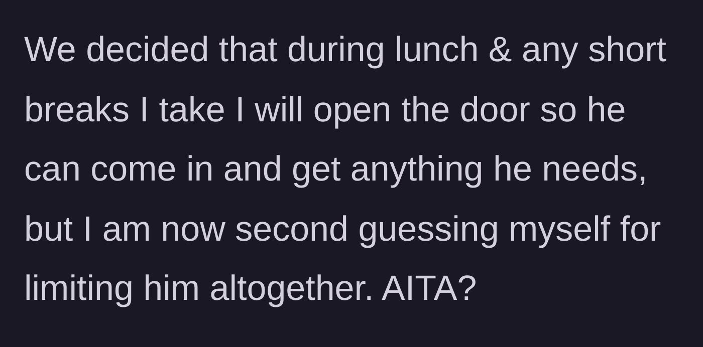 Story part 5 - Couple agrees to keep the bedroom door open only during lunch and breaks, but wife feels guilty.