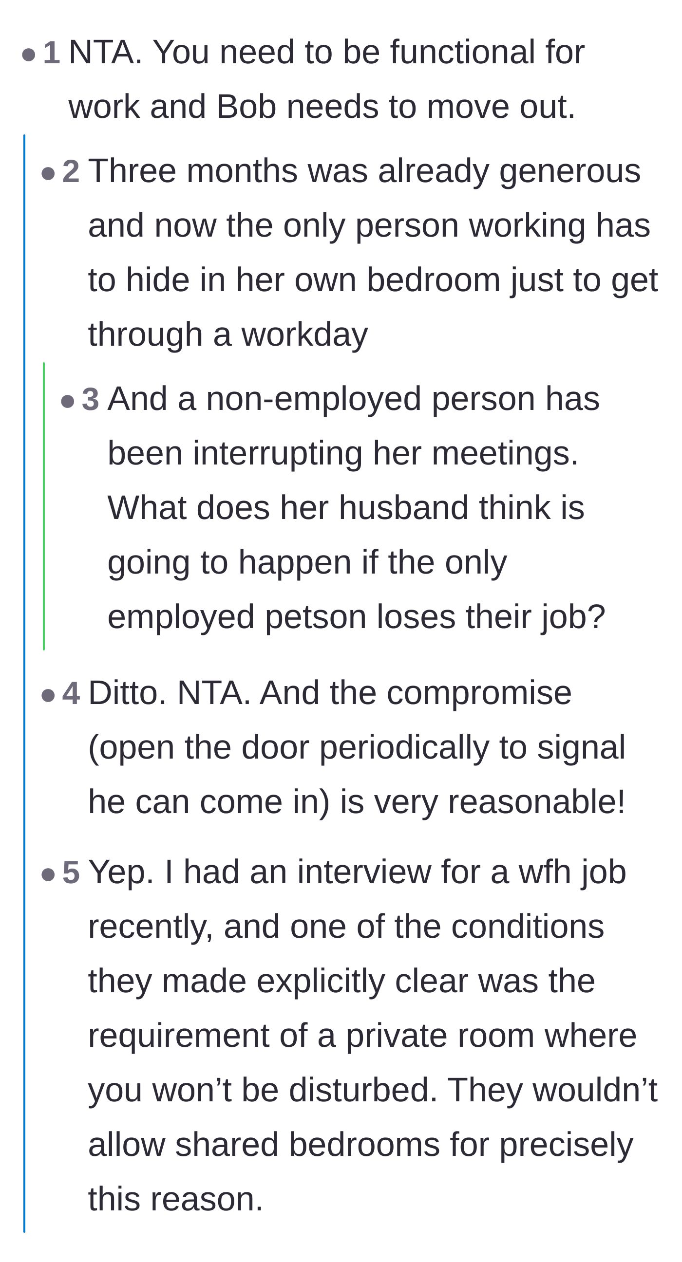 Comment thread 1 - Discussing how the wife needs a functional workspace to keep her job since she is the sole earner.