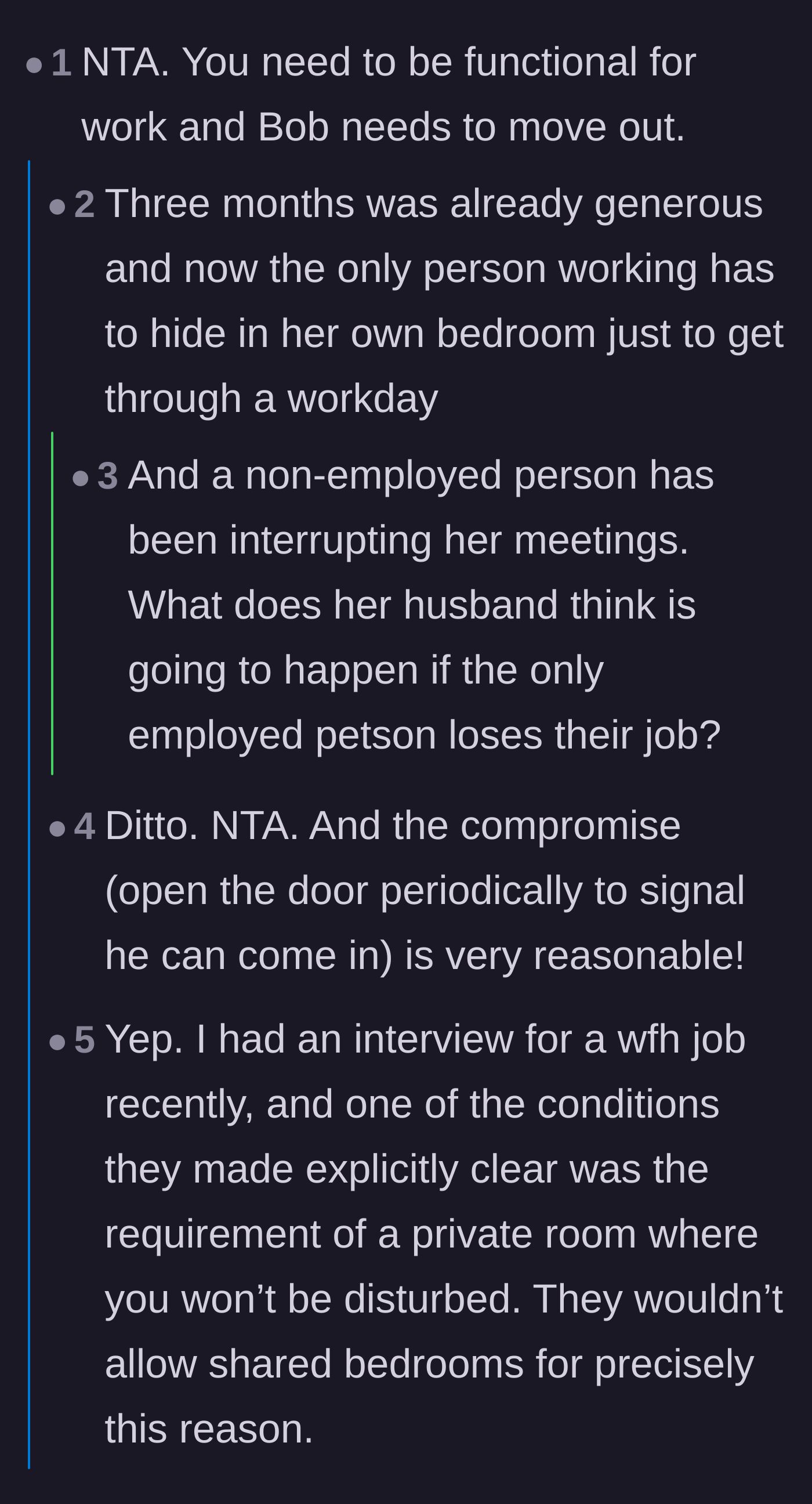 Comment thread 1 - Discussing how the wife needs a functional workspace to keep her job since she is the sole earner.