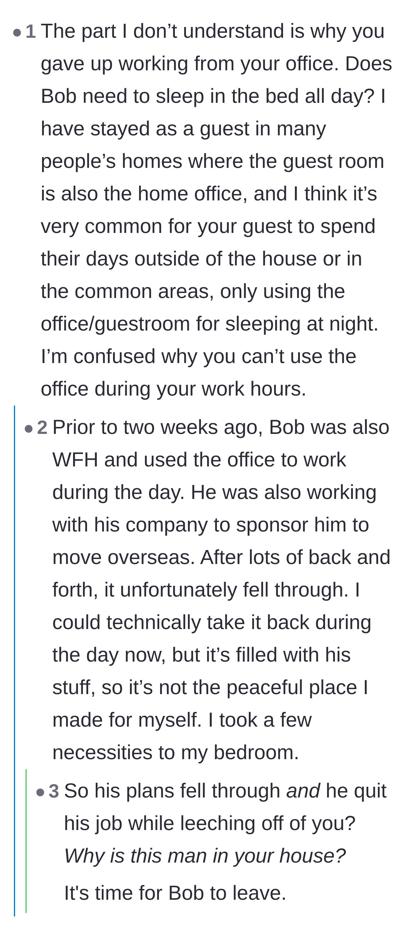 Comment thread 6 - Questioning why the wife gave up her office, leading to the wife explaining the guest's failed moving plans.
