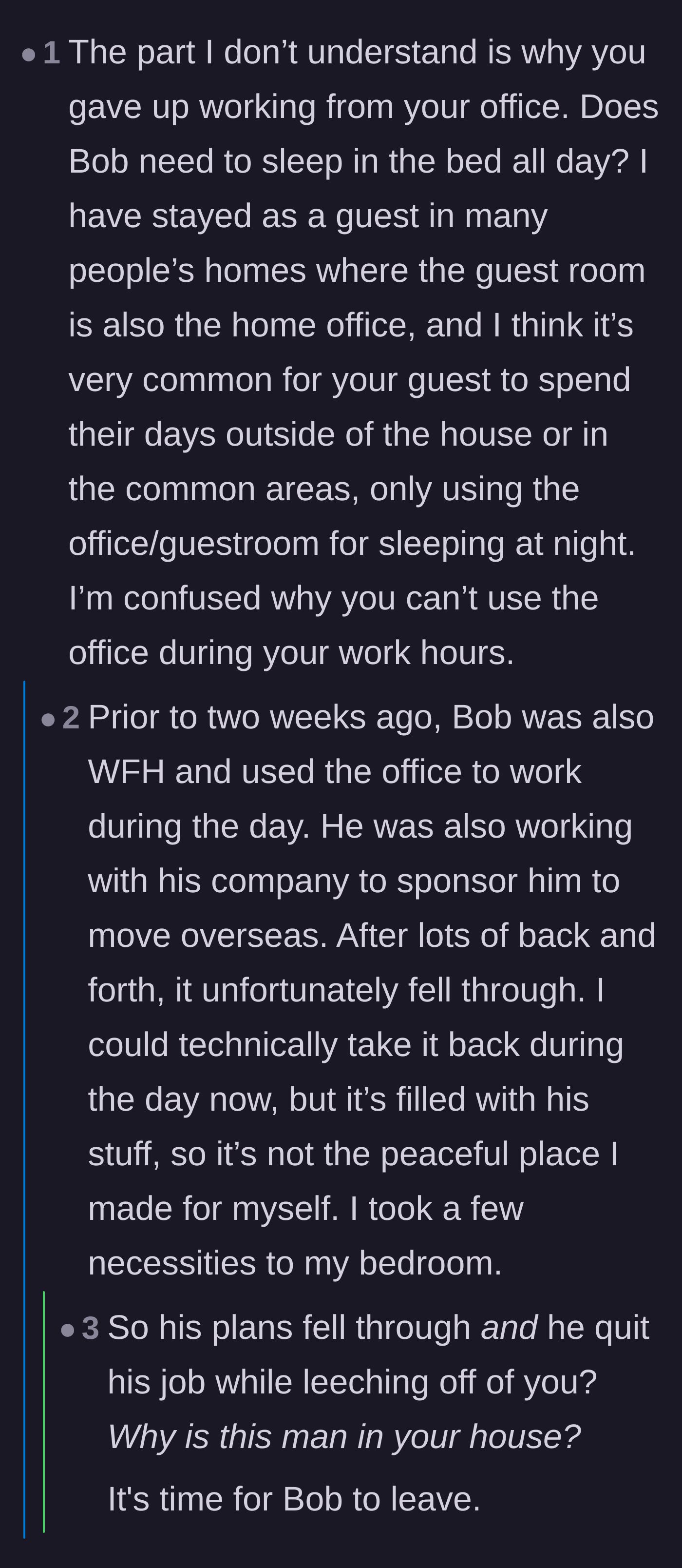 Comment thread 6 - Questioning why the wife gave up her office, leading to the wife explaining the guest's failed moving plans.