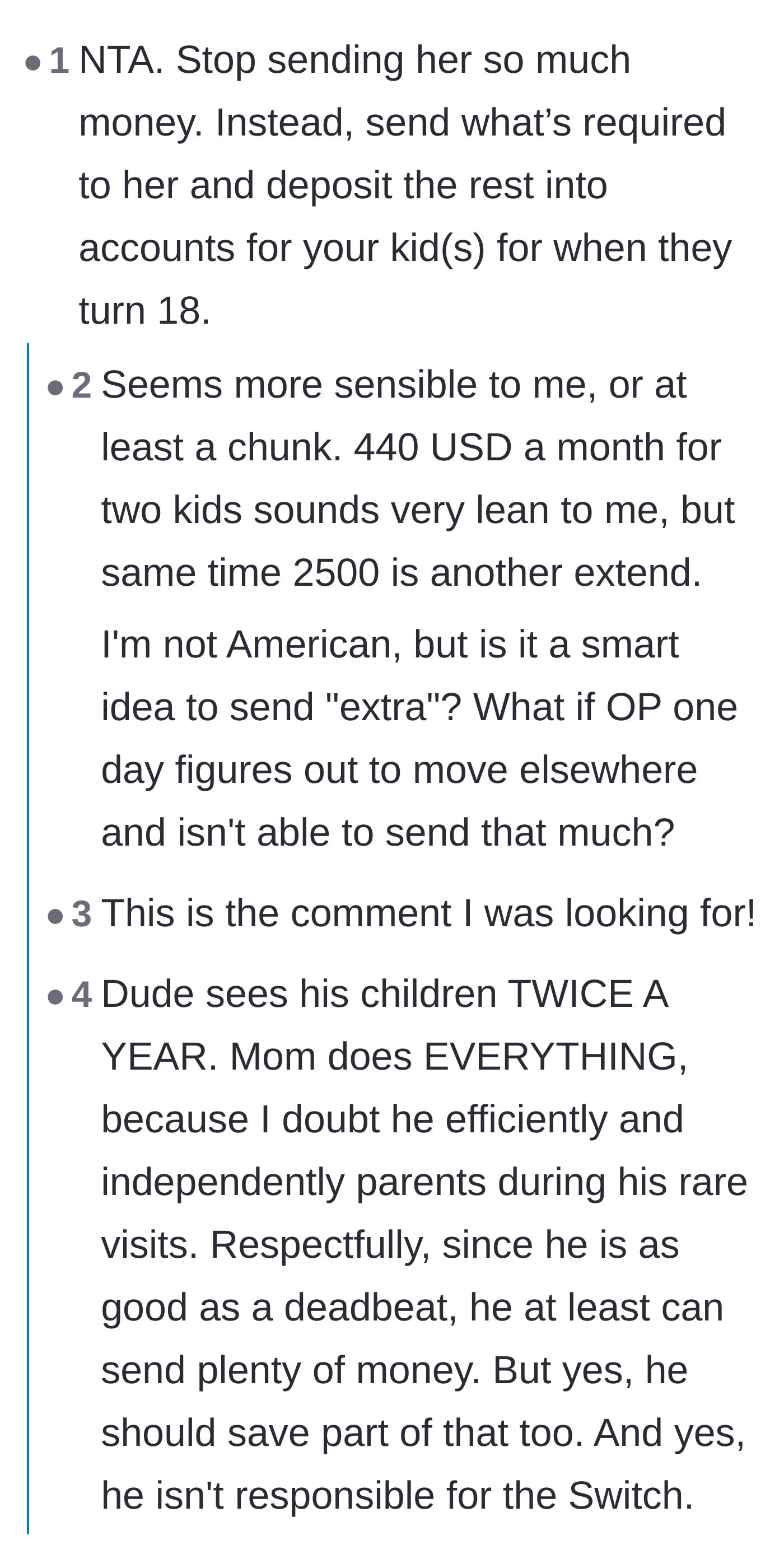 Comment thread 3 - A debate about paying only the mandated child support and saving the rest, with some users calling out the father's absence.