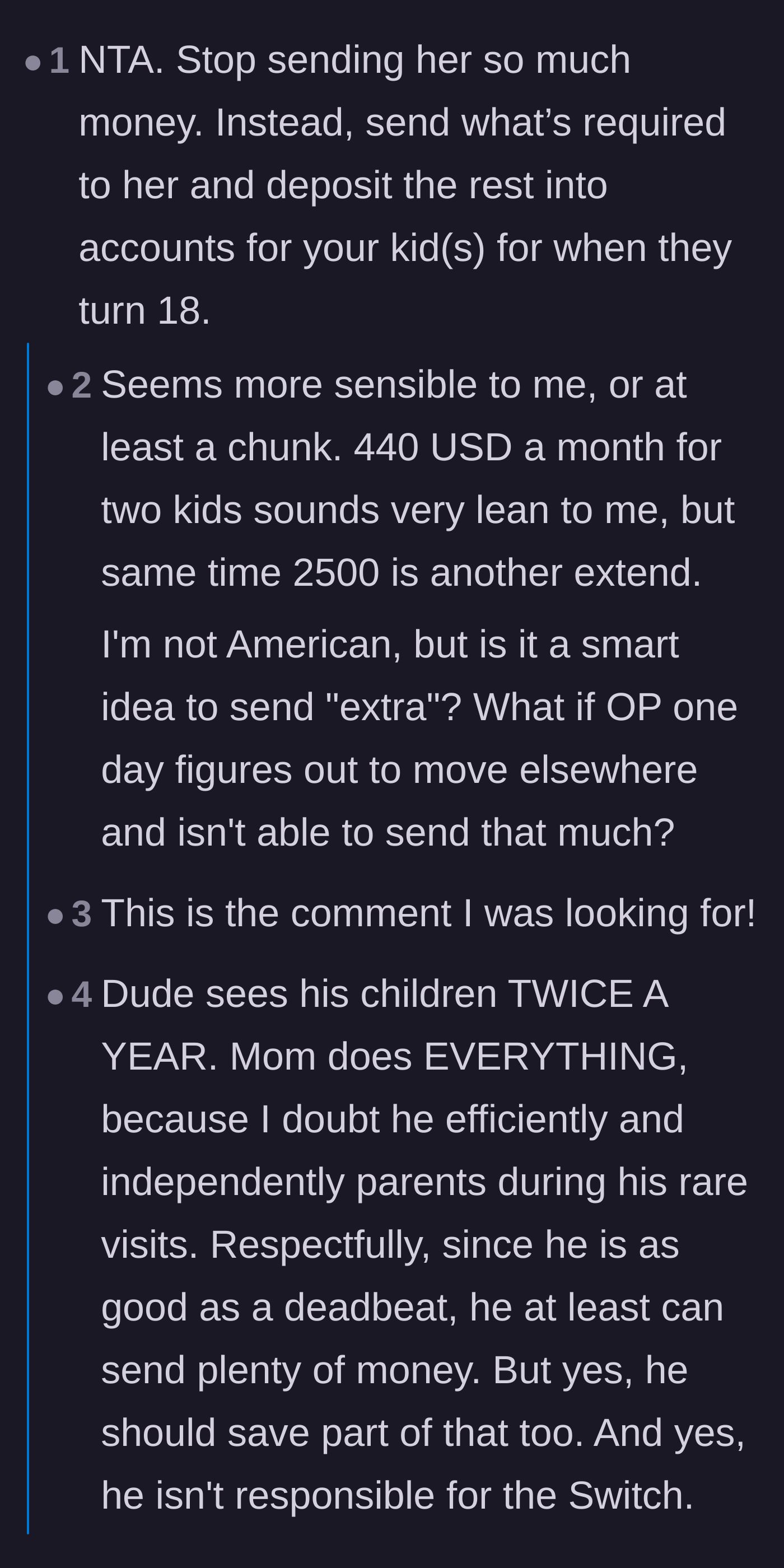 Comment thread 3 - A debate about paying only the mandated child support and saving the rest, with some users calling out the father's absence.