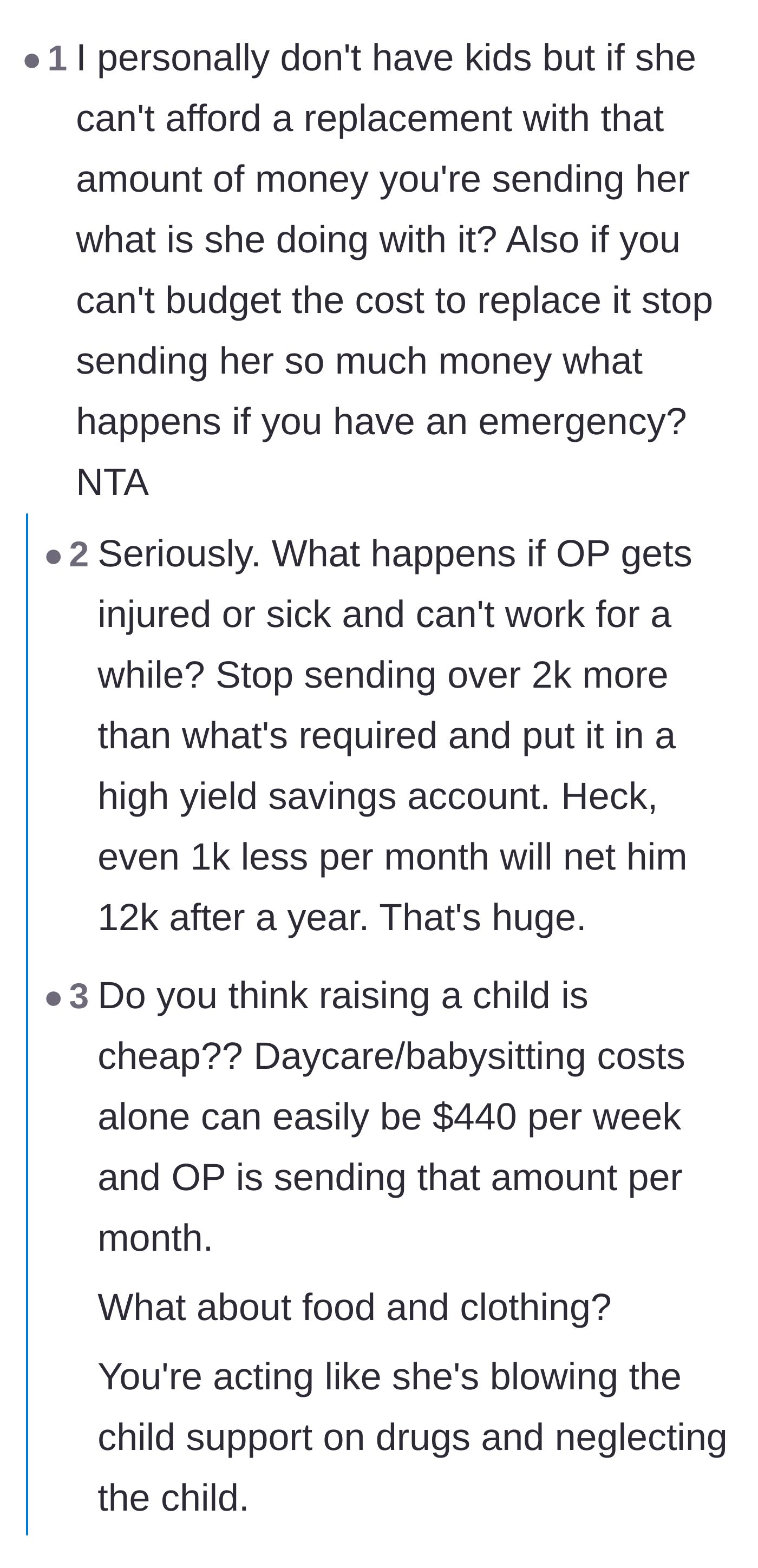 Comment thread 4 - Readers question how the ex-wife is budgeting the massive child support surplus if she can't absorb the cost of a broken console.