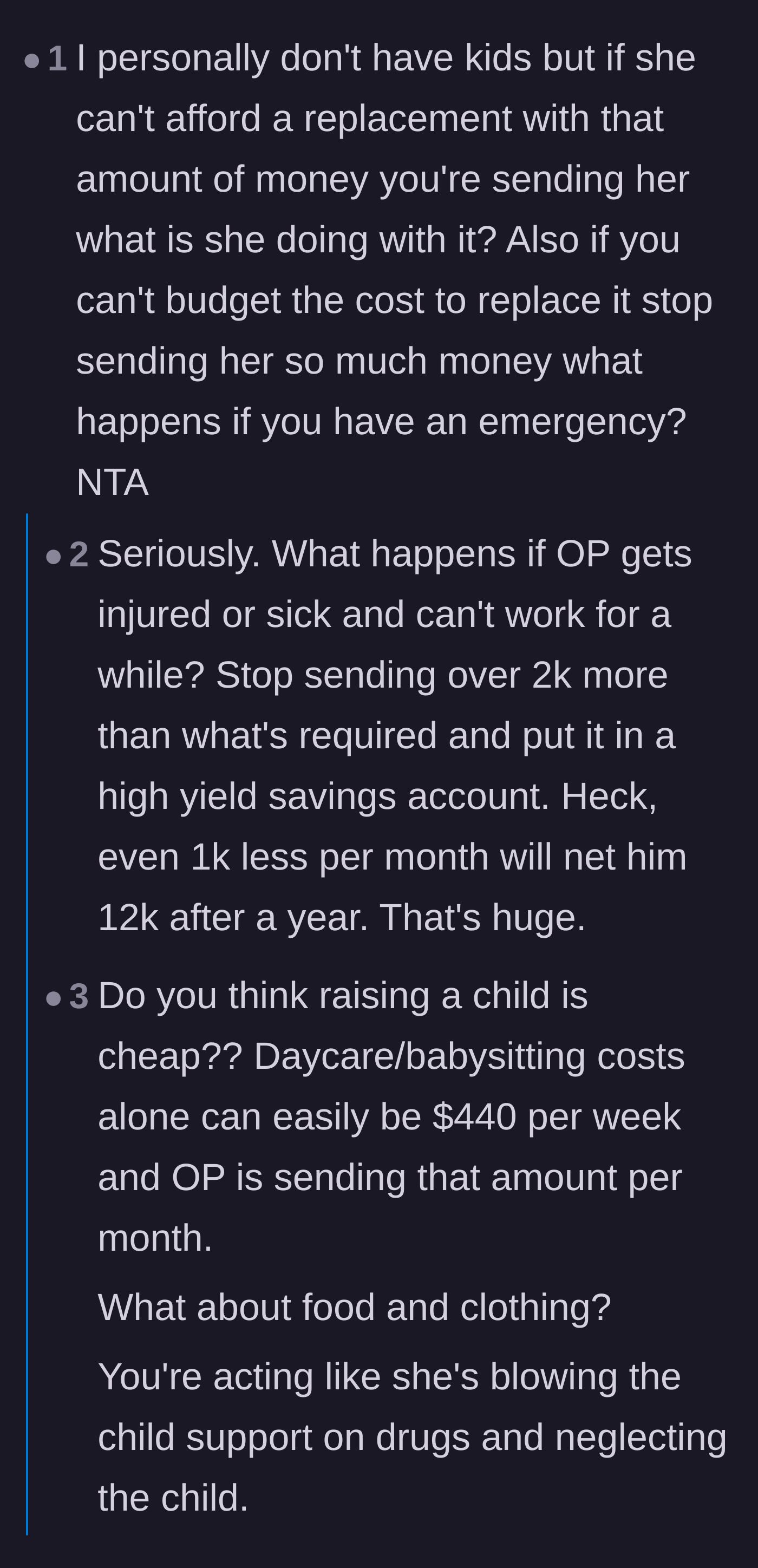 Comment thread 4 - Readers question how the ex-wife is budgeting the massive child support surplus if she can't absorb the cost of a broken console.