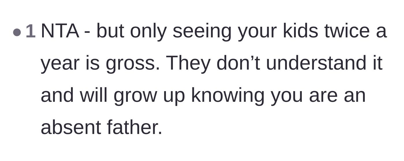 Comment thread 6 - A blunt critique of the father for choosing to live abroad and only seeing his children twice a year.