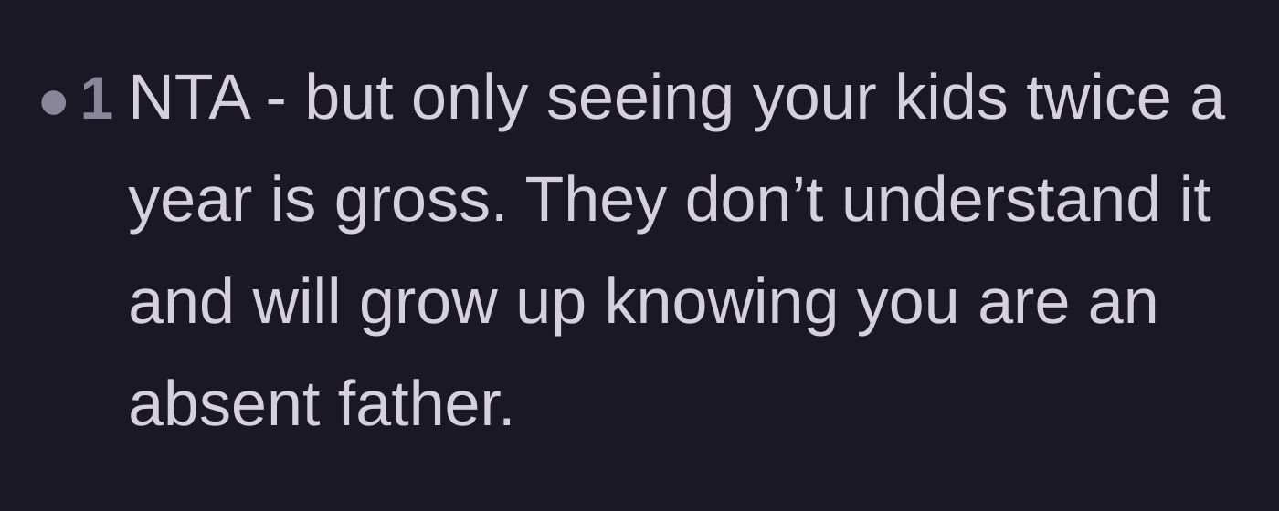 Comment thread 6 - A blunt critique of the father for choosing to live abroad and only seeing his children twice a year.