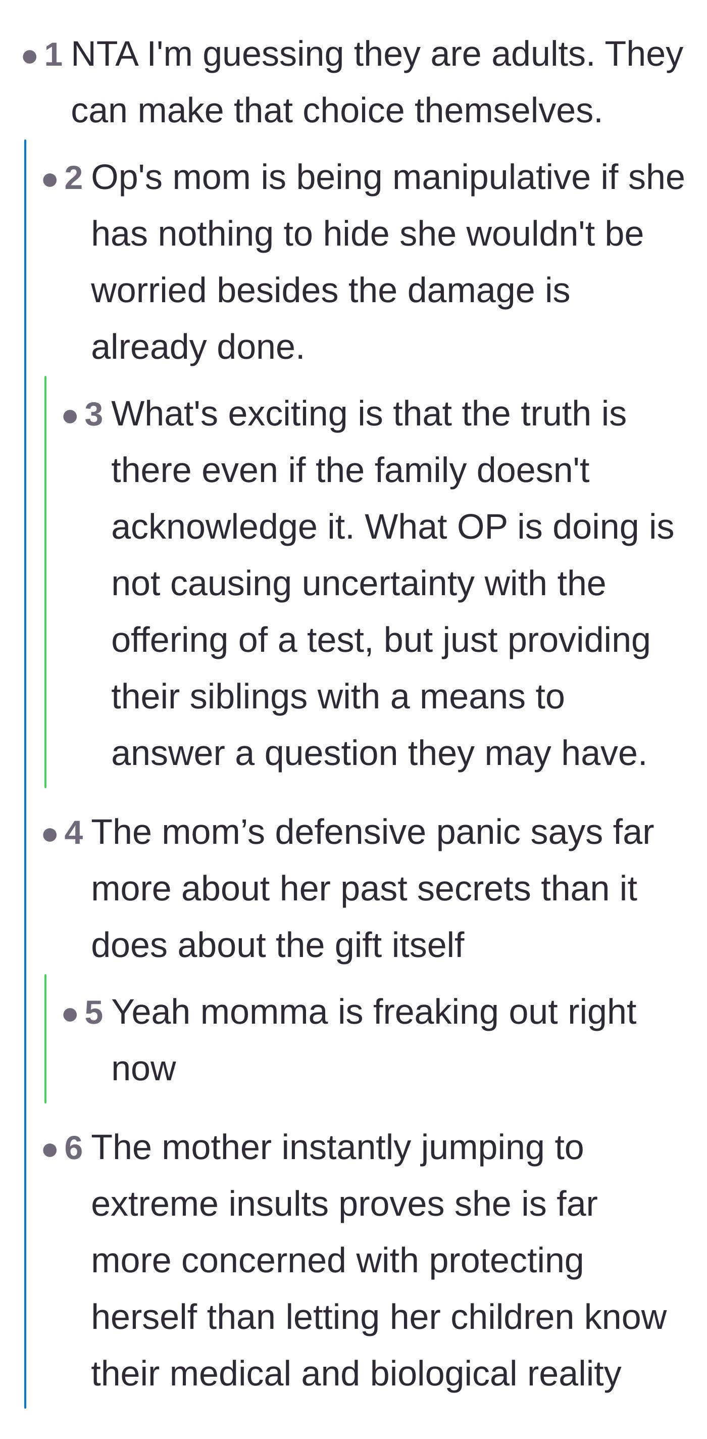 Comment thread 1 - Readers point out that the siblings are adults who can choose to take the test, and that the mother's panic is very telling.