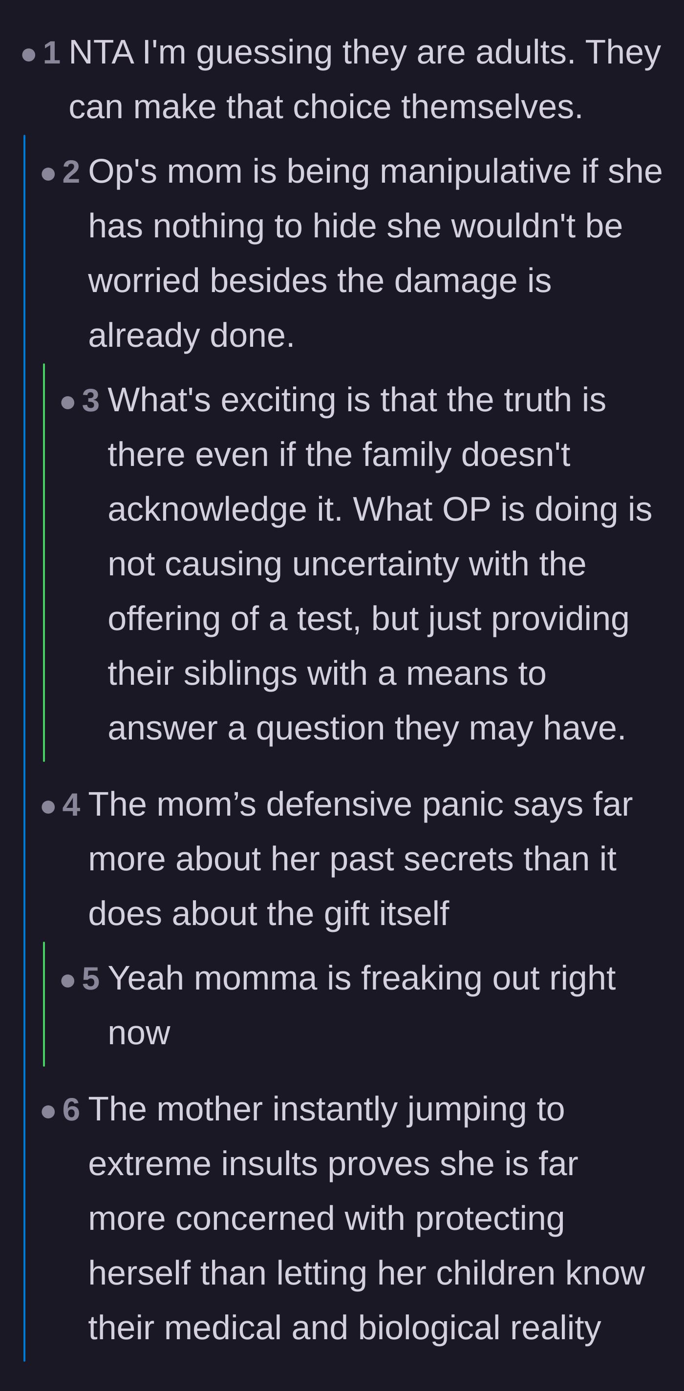 Comment thread 1 - Readers point out that the siblings are adults who can choose to take the test, and that the mother's panic is very telling.