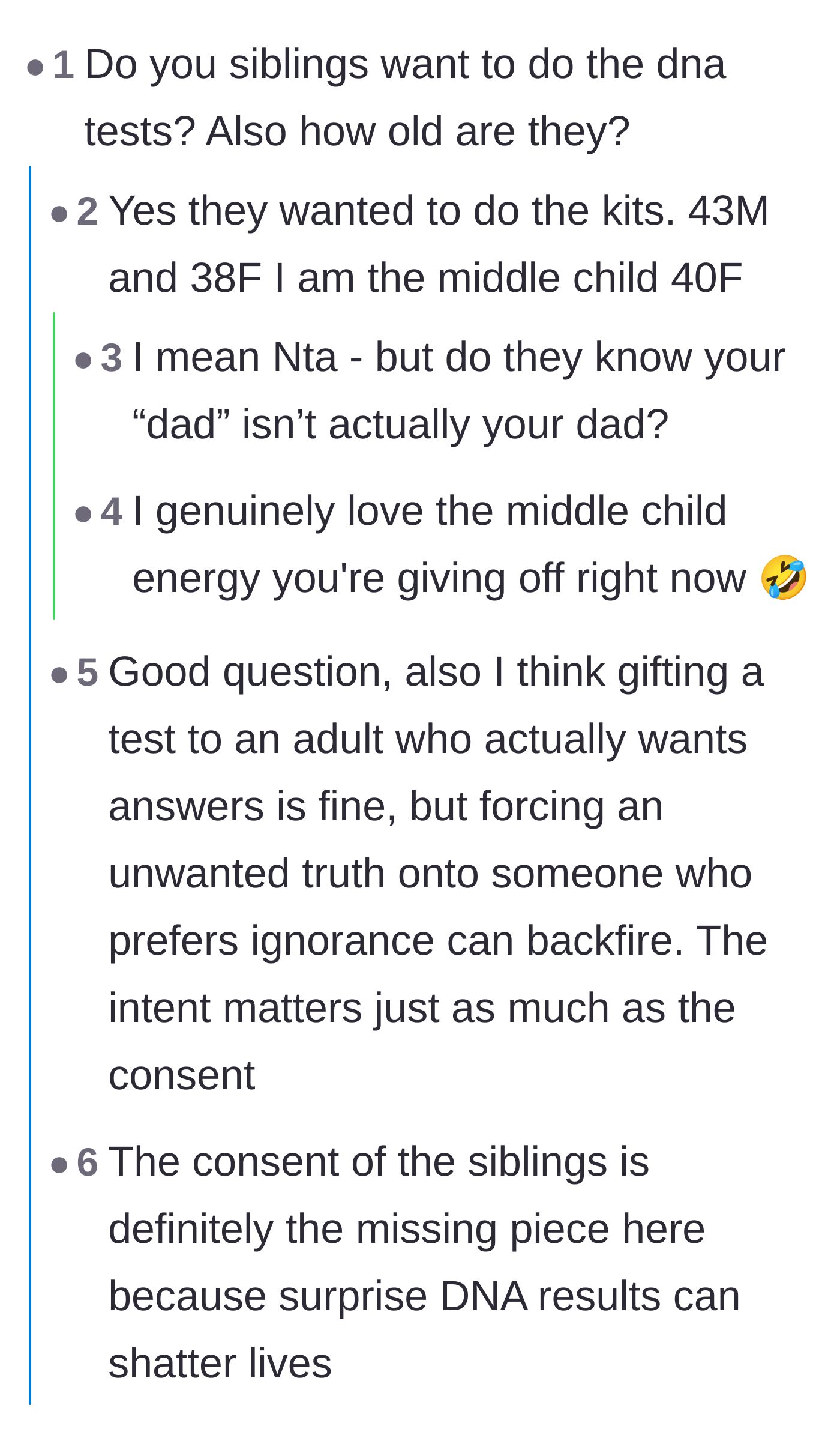 Comment thread 2 - A discussion about consent regarding DNA tests, where the author reveals her siblings are adults who wanted the kits and jokes about her middle child energy.