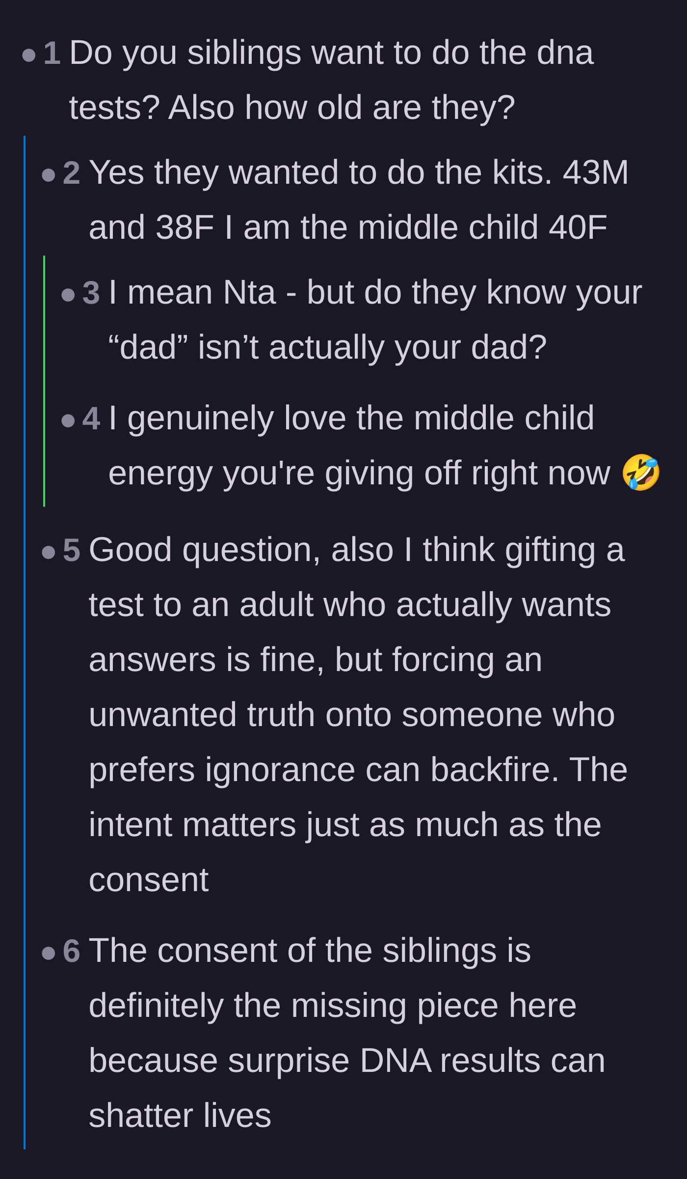 Comment thread 2 - A discussion about consent regarding DNA tests, where the author reveals her siblings are adults who wanted the kits and jokes about her middle child energy.